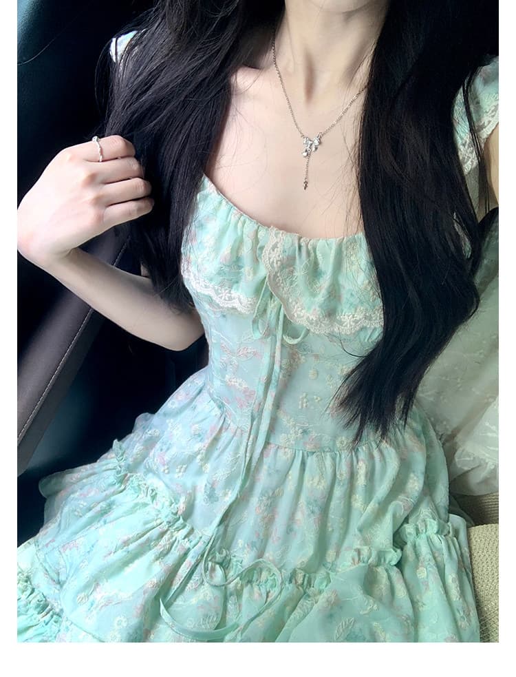하나 달콤한 복숭아 yikett 박하 남자 웨이브 여름 슬립 여성 드레스 프린트 꼬집기 허리 슬림해 보이는 원피스 치마 상세 이미지 6