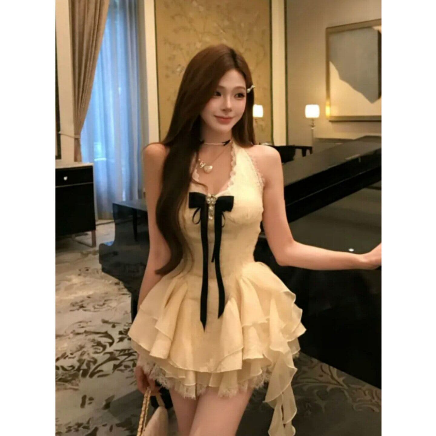 천 골드 달콤함 순수한 욕망 허리 수축 슬림해 보이는 디자인 센스 레이스 조각 불규칙 민소매 행침 목 드레스 공주 드레스 이미지 3