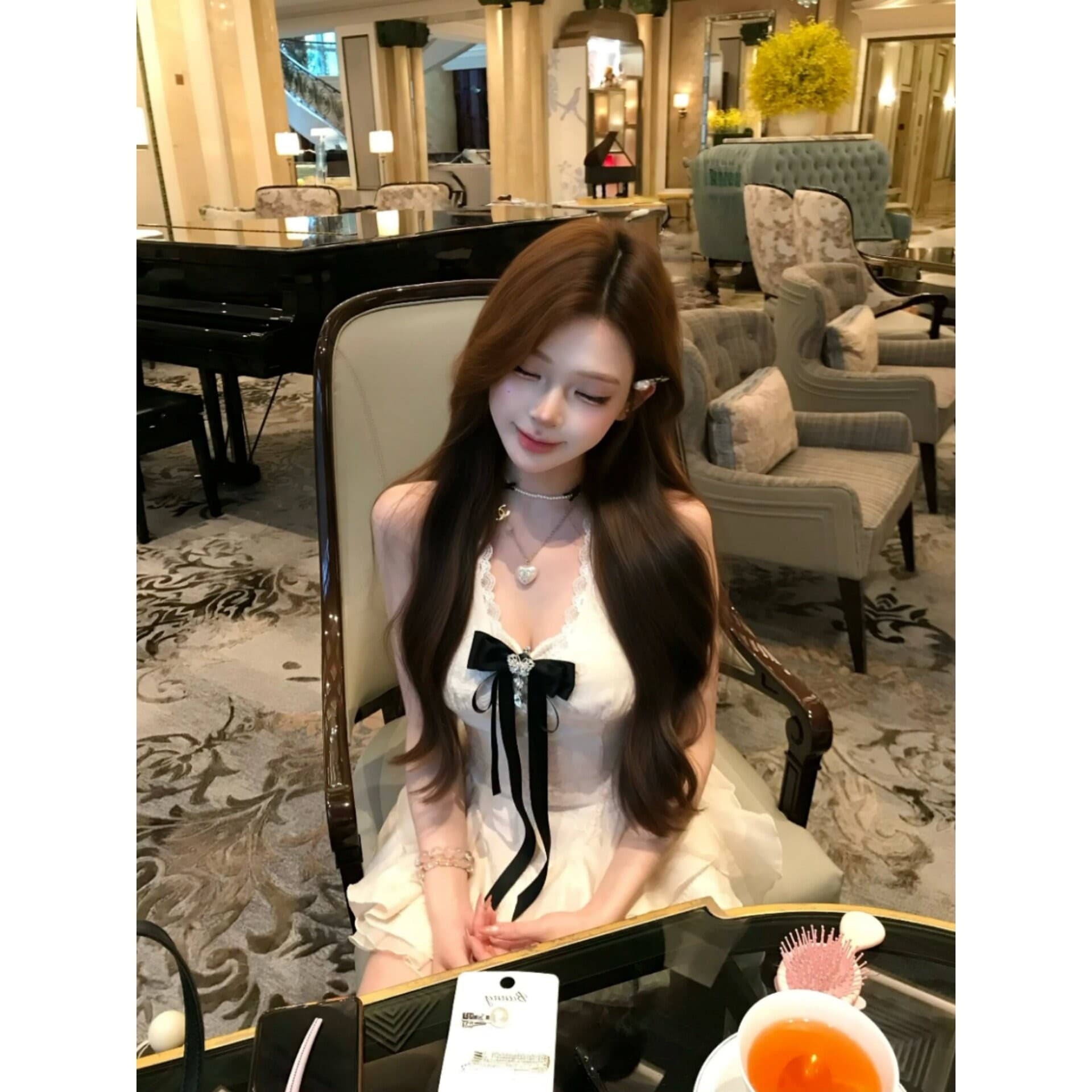 천 골드 달콤함 순수한 욕망 허리 수축 슬림해 보이는 디자인 센스 레이스 조각 불규칙 민소매 행침 목 드레스 공주 드레스 이미지 6