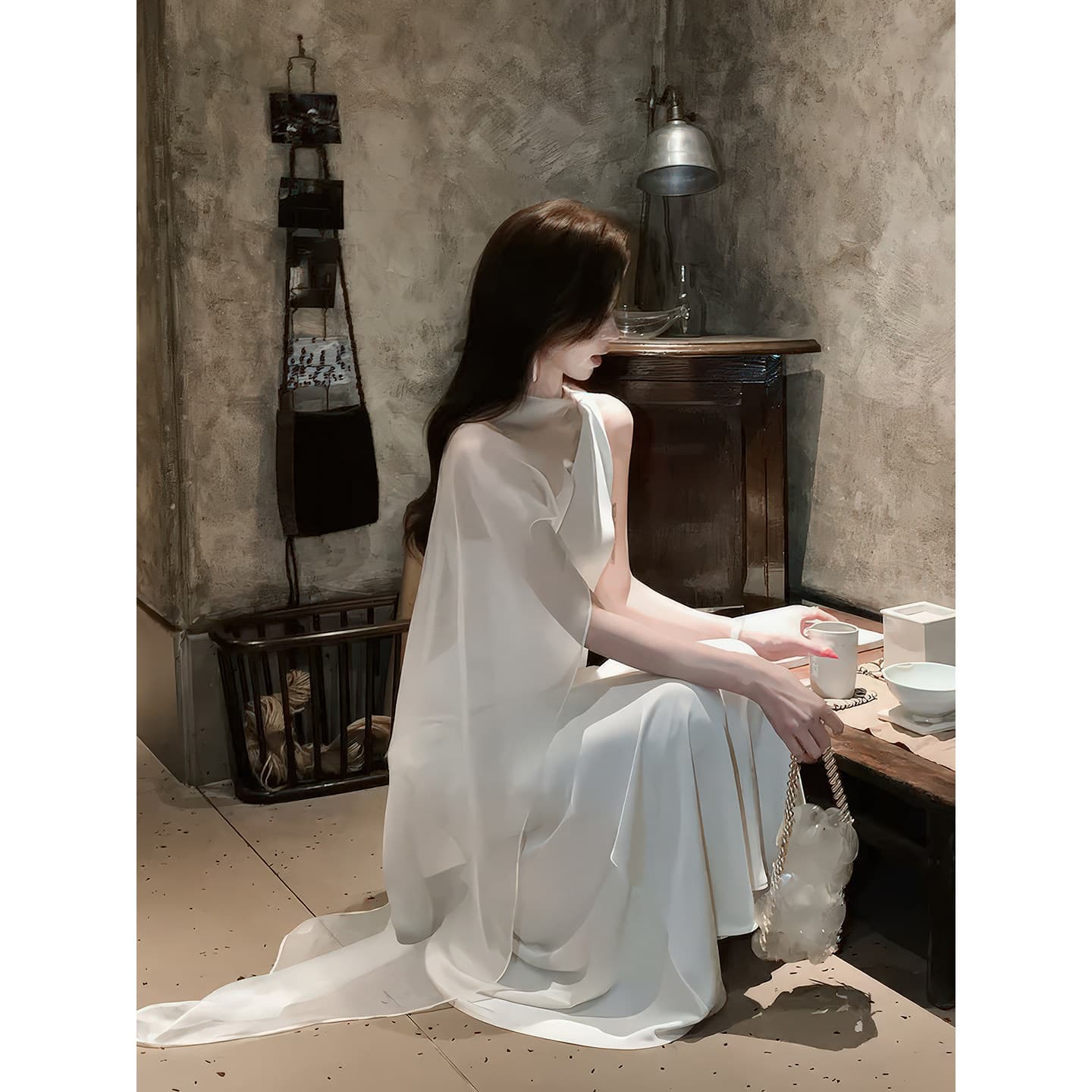 프랑스식 부드러운 바람 리본 비스듬한 어깨 화이트 여성 드레스 여름 2026 새로운 디자인 센스 허리 수축 슬림해 보이는 롱 스커트 상세 이미지 1