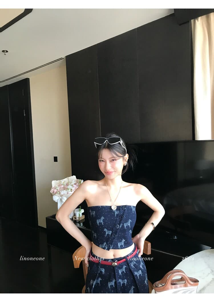 linoneone 로마 길모퉁이 한 부서 캐주얼 돈 벌기 작은 말 데님 자카드 명중 가져 가라. 튜브탑 와이드 레그 팬츠 세트 상세 이미지 10