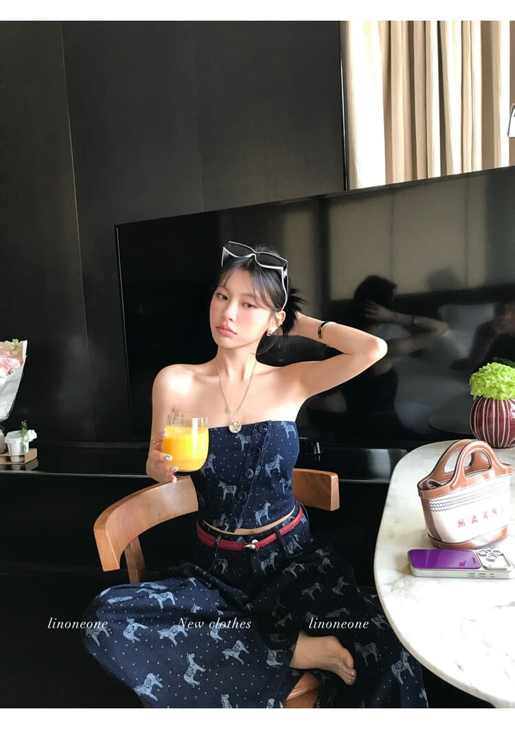 linoneone 로마 길모퉁이 한 부서 캐주얼 돈 벌기 작은 말 데님 자카드 명중 가져 가라. 튜브탑 와이드 레그 팬츠 세트 상세 이미지 11