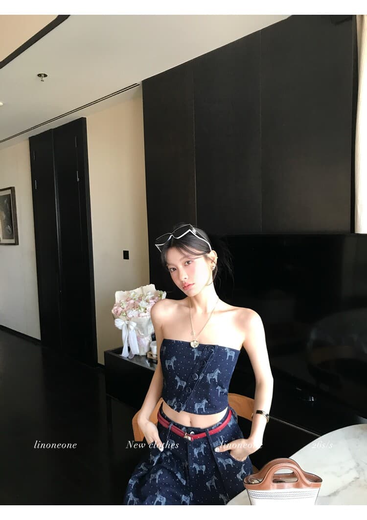linoneone 로마 길모퉁이 한 부서 캐주얼 돈 벌기 작은 말 데님 자카드 명중 가져 가라. 튜브탑 와이드 레그 팬츠 세트 상세 이미지 12