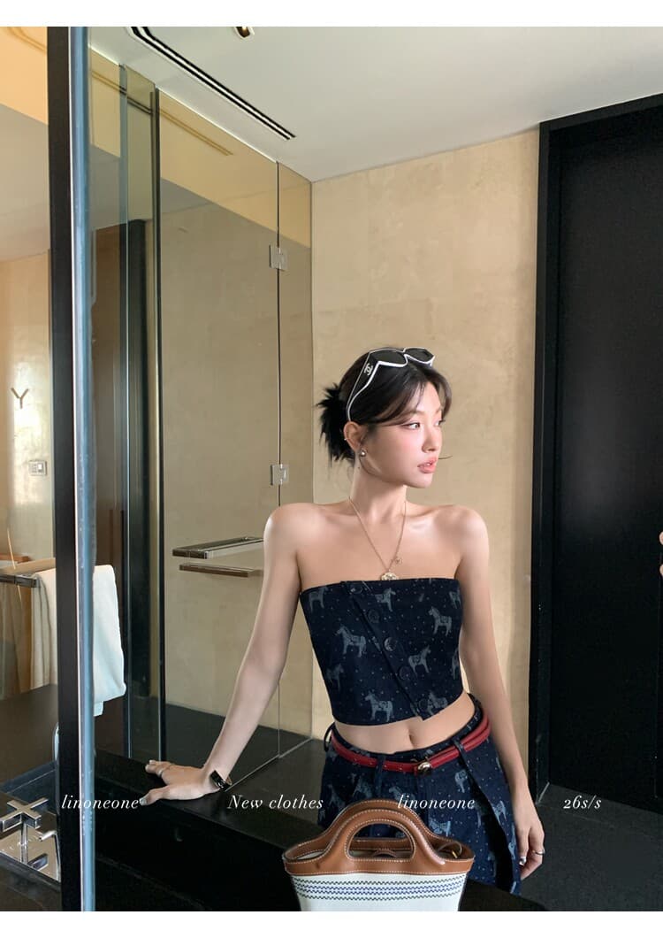 linoneone 로마 길모퉁이 한 부서 캐주얼 돈 벌기 작은 말 데님 자카드 명중 가져 가라. 튜브탑 와이드 레그 팬츠 세트 상세 이미지 16