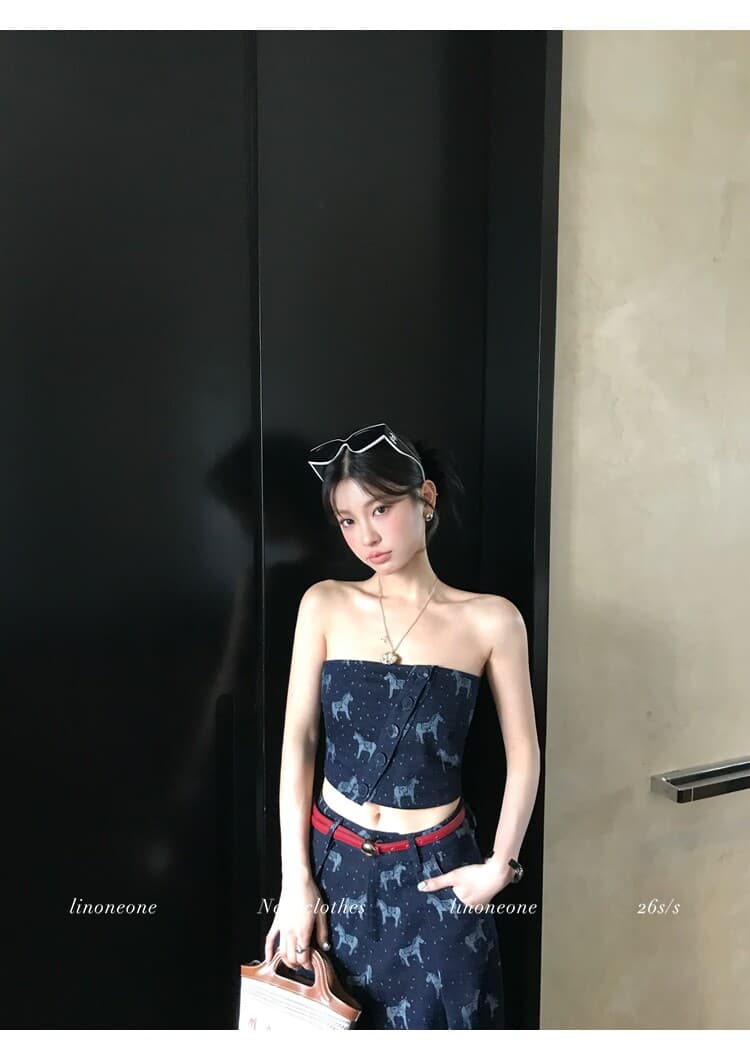 linoneone 로마 길모퉁이 한 부서 캐주얼 돈 벌기 작은 말 데님 자카드 명중 가져 가라. 튜브탑 와이드 레그 팬츠 세트 상세 이미지 18