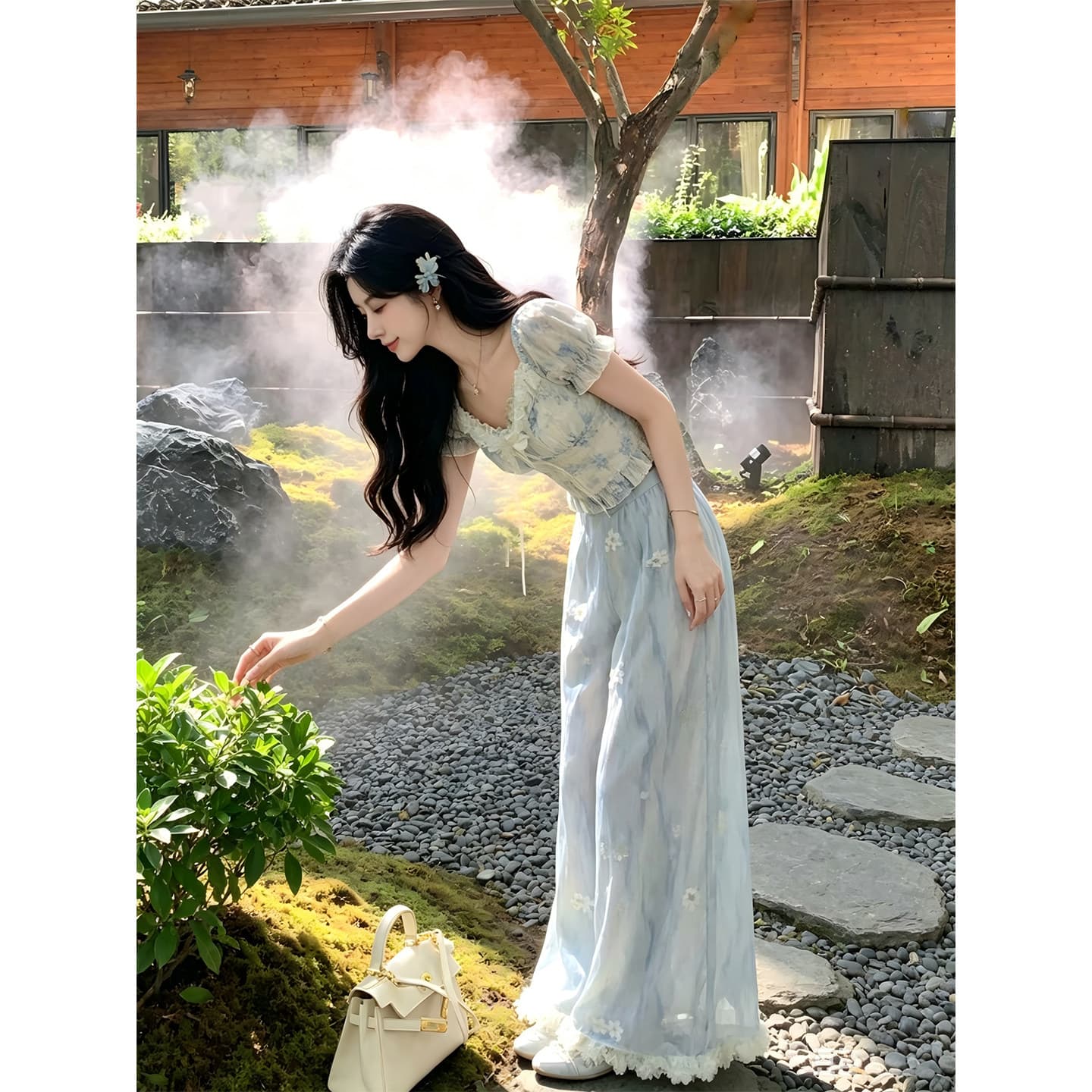 한국어 린 한 부서 감기 센스 꽃무늬 세트 여름 분기 별 칼라 거품 소매 맨위 도루 센스 와이드 레그 팬츠 투피스 세트 이미지 2