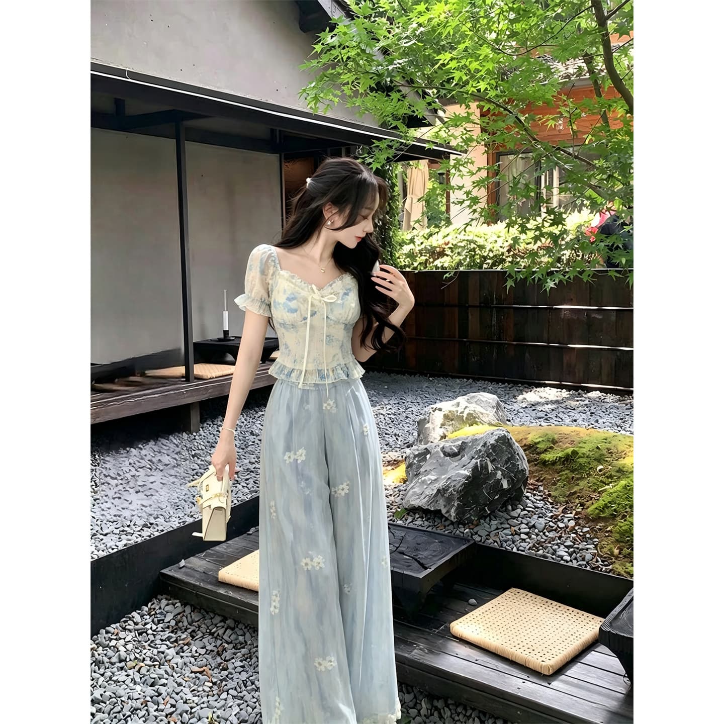 한국어 린 한 부서 감기 센스 꽃무늬 세트 여름 분기 별 칼라 거품 소매 맨위 도루 센스 와이드 레그 팬츠 투피스 세트