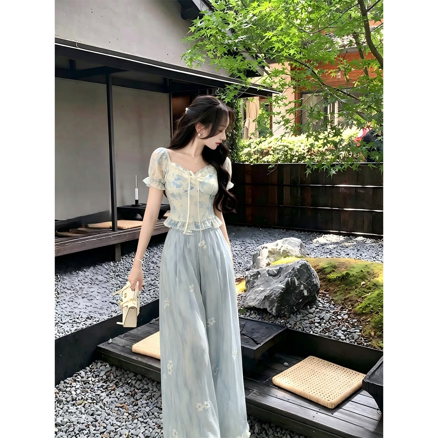 한국어 린 한 부서 감기 센스 꽃무늬 세트 여름 분기 별 칼라 거품 소매 맨위 도루 센스 와이드 레그 팬츠 투피스 세트 이미지 4