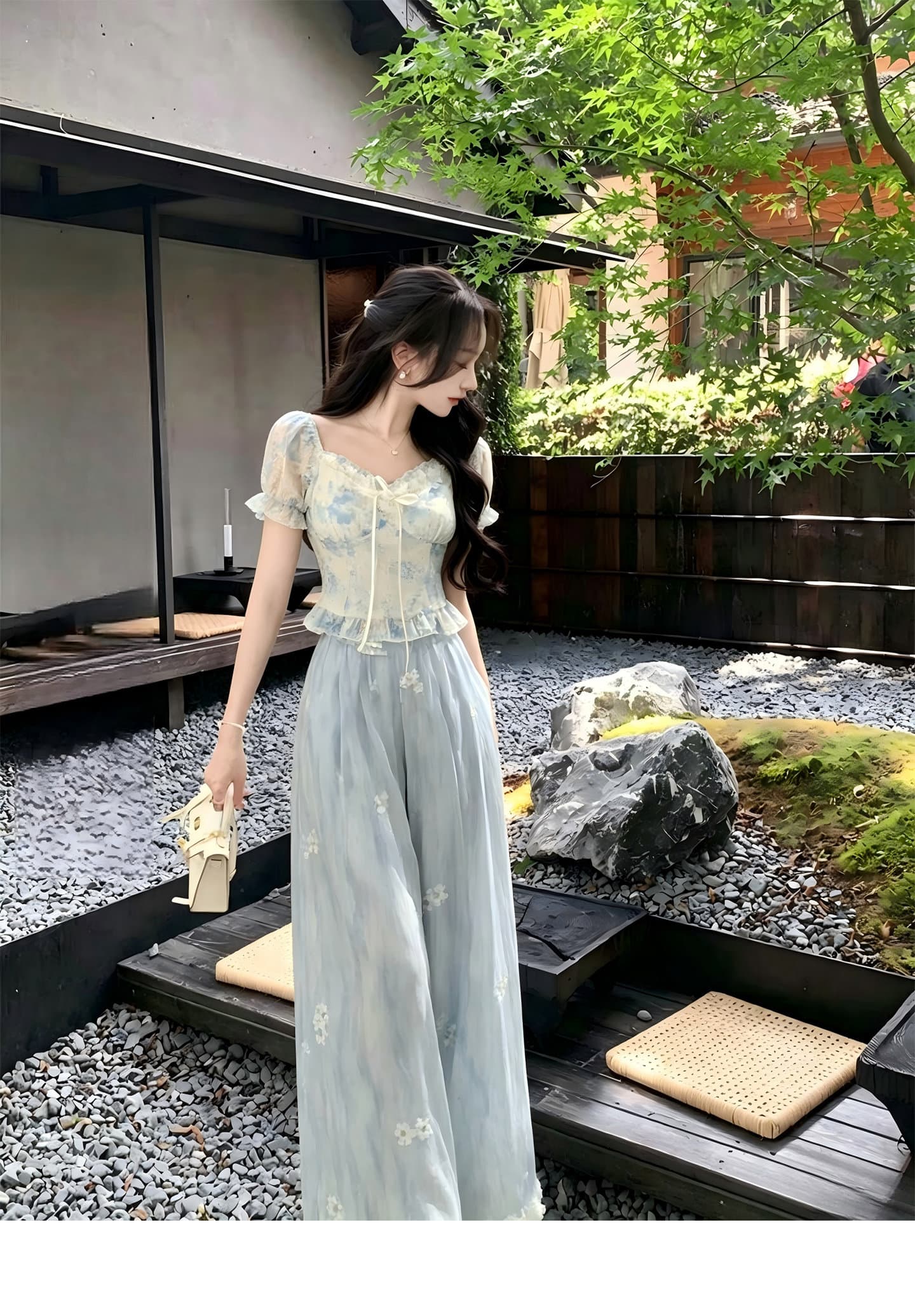 한국어 린 한 부서 감기 센스 꽃무늬 세트 여름 분기 별 칼라 거품 소매 맨위 도루 센스 와이드 레그 팬츠 투피스 세트 상세 이미지 2