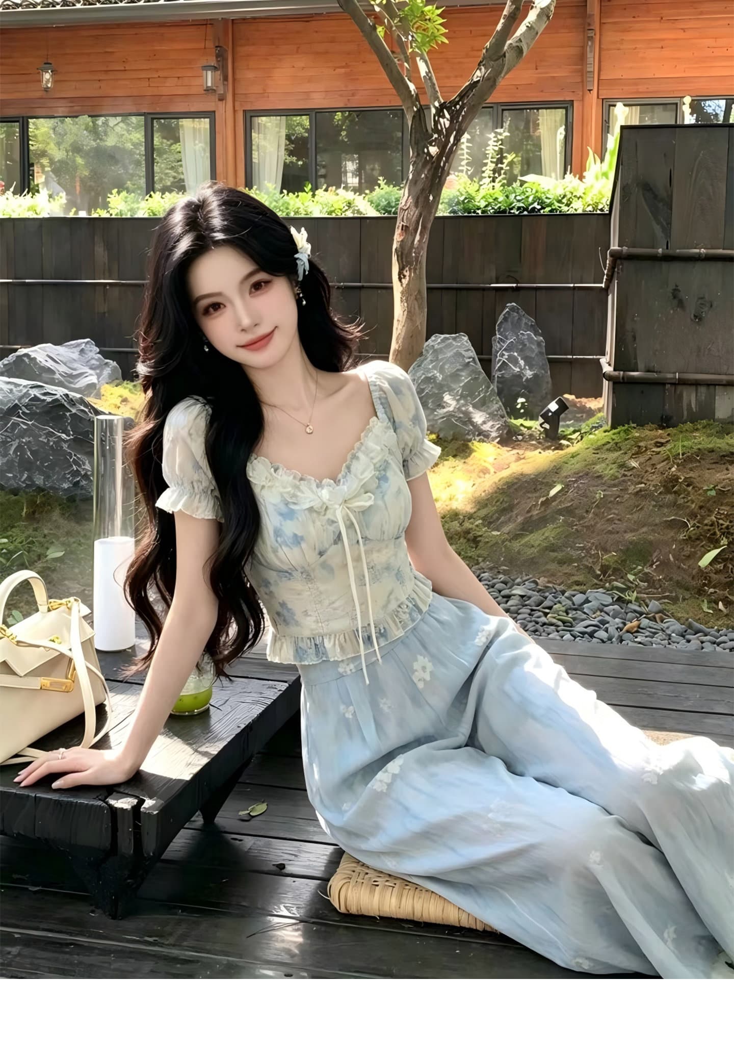 한국어 린 한 부서 감기 센스 꽃무늬 세트 여름 분기 별 칼라 거품 소매 맨위 도루 센스 와이드 레그 팬츠 투피스 세트 상세 이미지 3