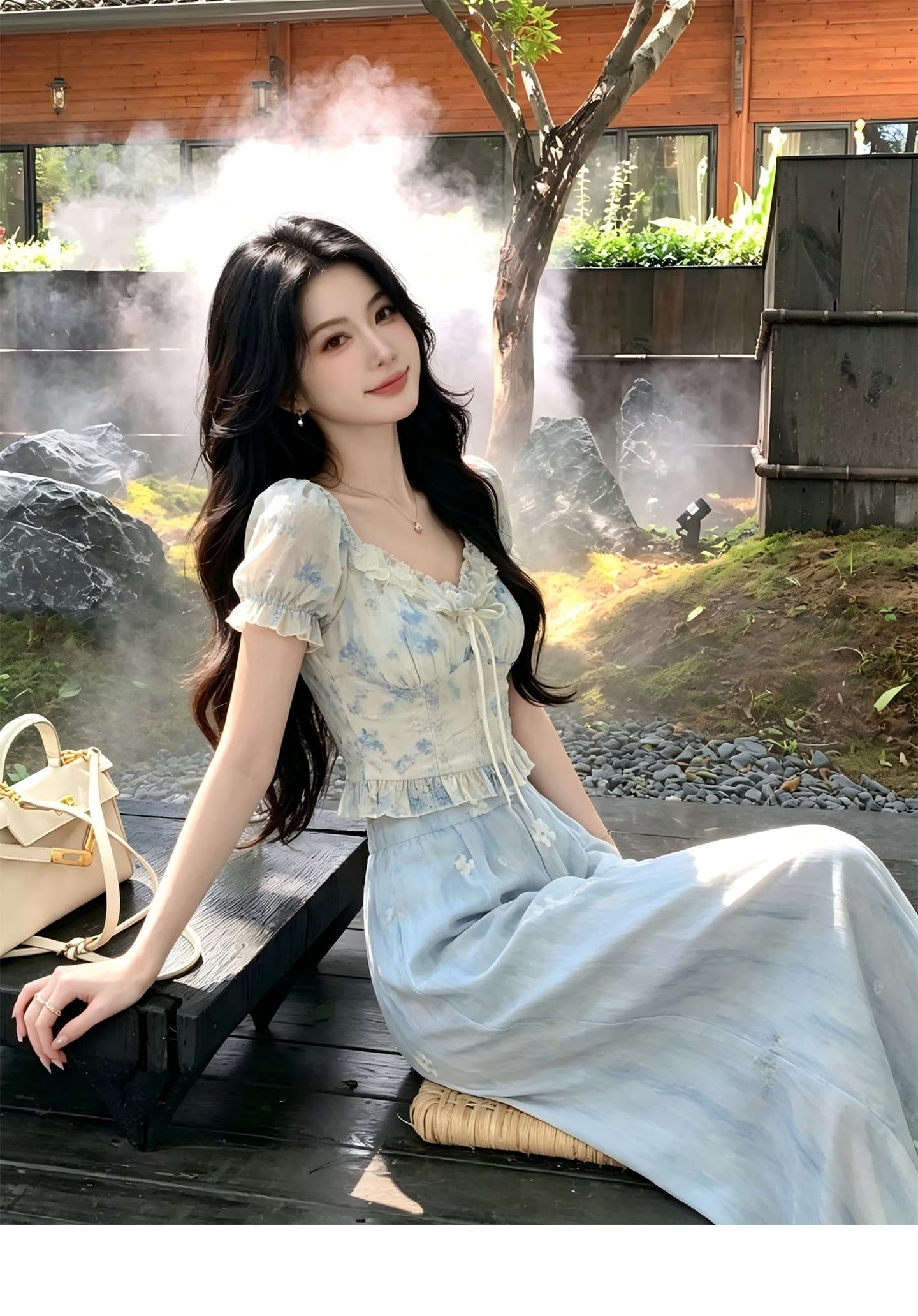 한국어 린 한 부서 감기 센스 꽃무늬 세트 여름 분기 별 칼라 거품 소매 맨위 도루 센스 와이드 레그 팬츠 투피스 세트 상세 이미지 6