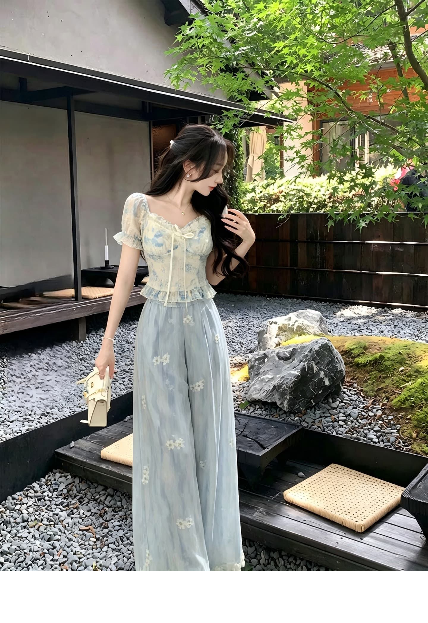 한국어 린 한 부서 감기 센스 꽃무늬 세트 여름 분기 별 칼라 거품 소매 맨위 도루 센스 와이드 레그 팬츠 투피스 세트 상세 이미지 7