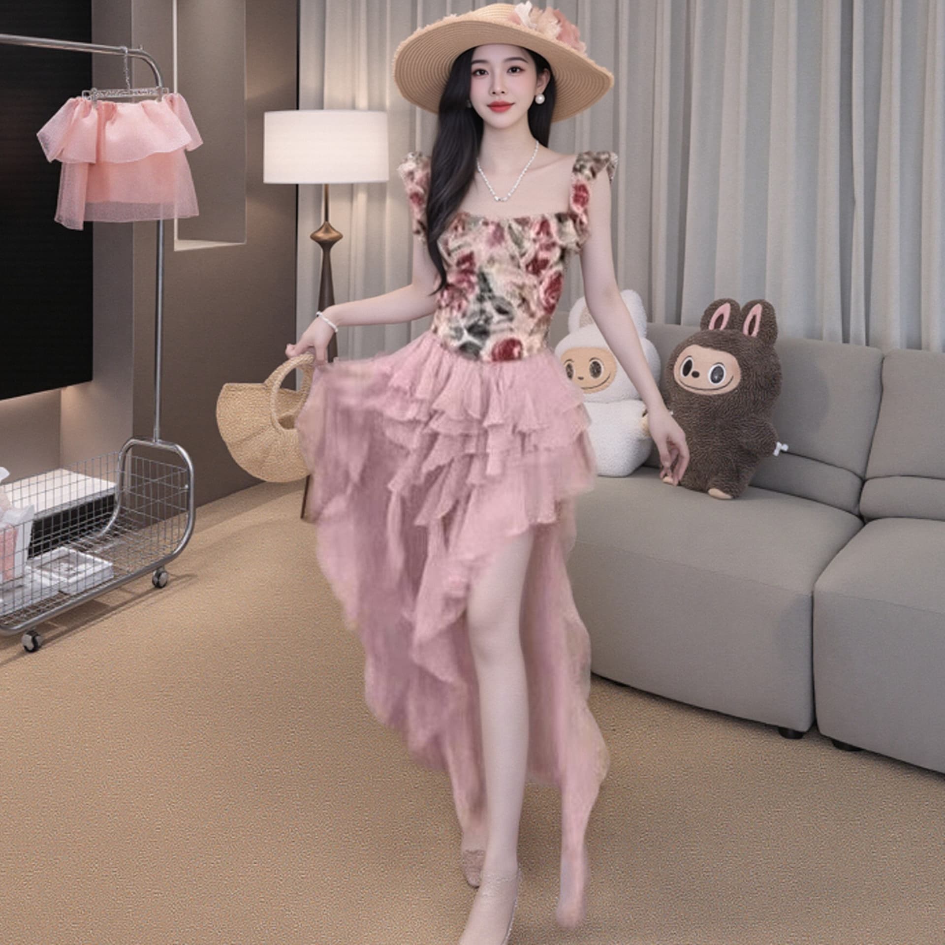프랑스식 품격 유화 Feifei 소매 꽃무늬 맨위 불규칙 연꽃 잎 측면 길이 치마 세트 여성 여름 작은 대중 새로운 이미지 5