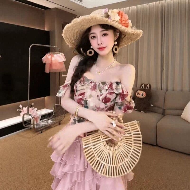 프랑스식 품격 유화 Feifei 소매 꽃무늬 맨위 불규칙 연꽃 잎 측면 길이 치마 세트 여성 여름 작은 대중 새로운 이미지 3