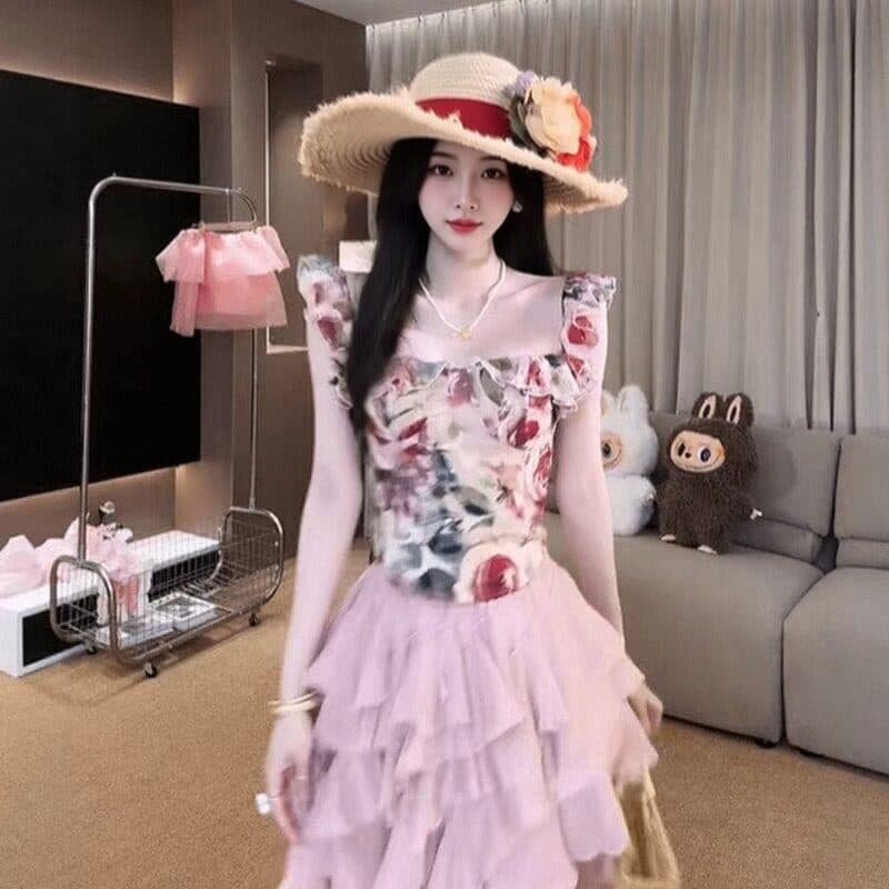 프랑스식 품격 유화 Feifei 소매 꽃무늬 맨위 불규칙 연꽃 잎 측면 길이 치마 세트 여성 여름 작은 대중 새로운 이미지 2