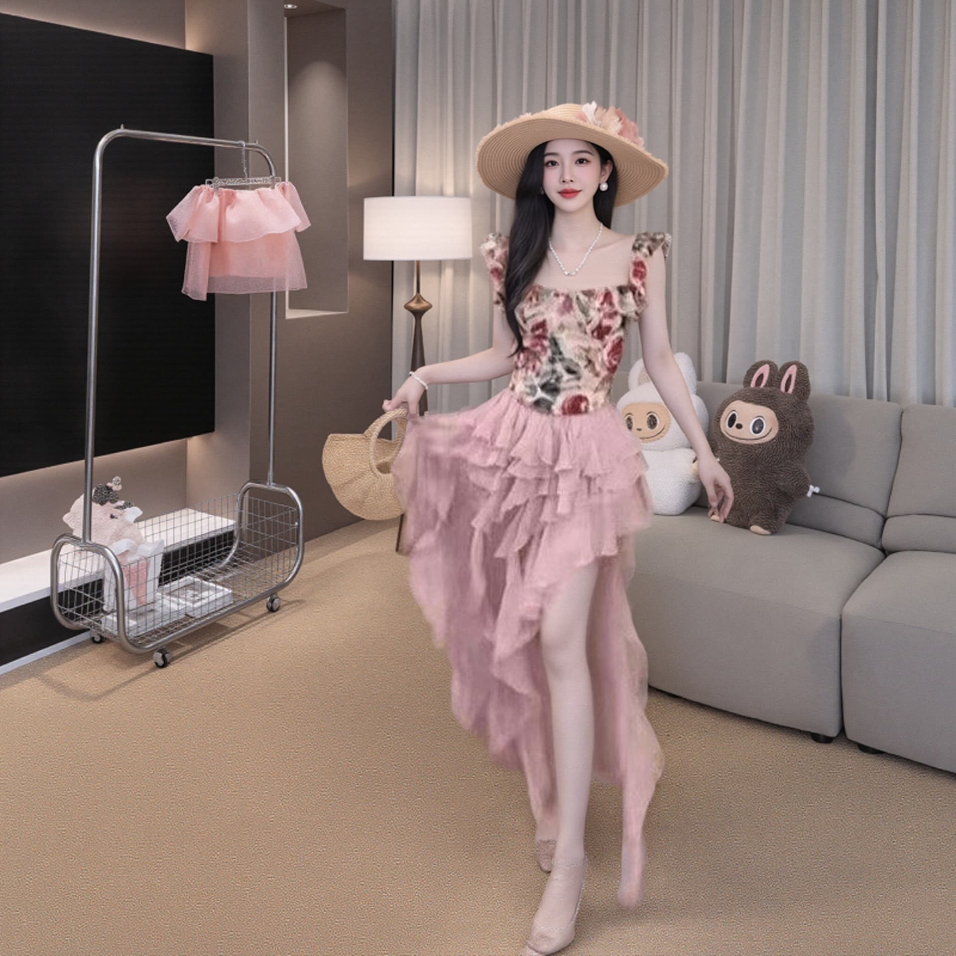 프랑스식 품격 유화 Feifei 소매 꽃무늬 맨위 불규칙 연꽃 잎 측면 길이 치마 세트 여성 여름 작은 대중 새로운 상세 이미지 1
