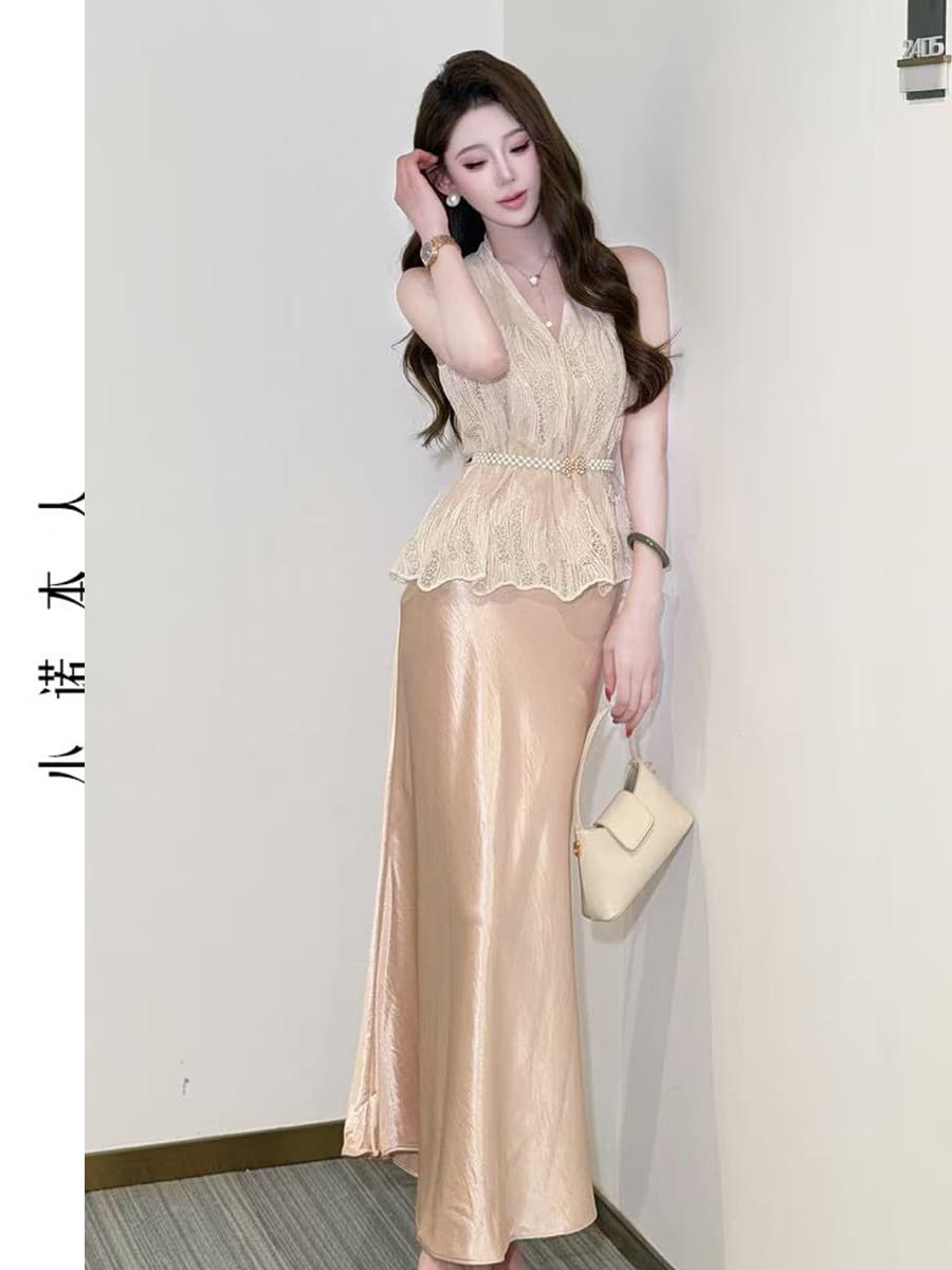 작은 Connaught 나는 프랑스식 행침 목 조끼 V넥 민소매 맨위 광택 인어 꼬리 길다 반 스커트 세트 265382 상세 이미지 1