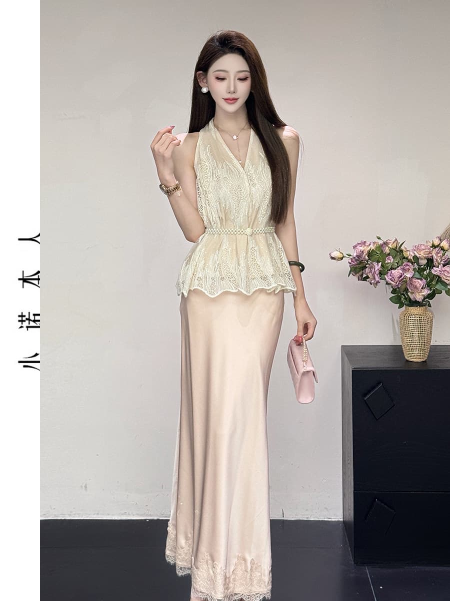 작은 Connaught 나는 프랑스식 행침 목 조끼 V넥 민소매 맨위 광택 인어 꼬리 길다 반 스커트 세트 265382 상세 이미지 2