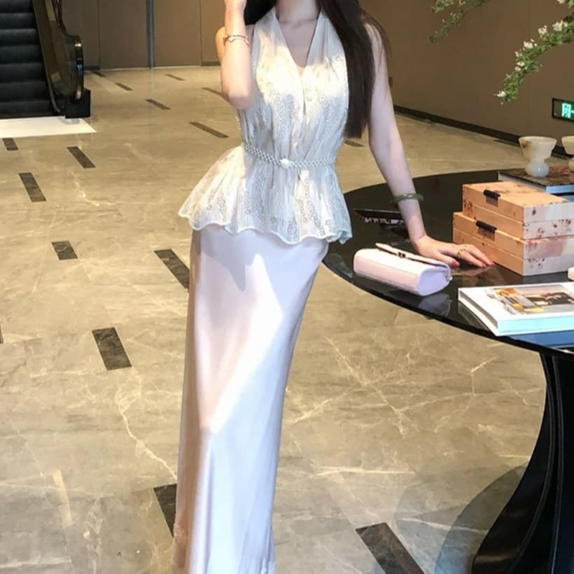 작은 Connaught 나는 프랑스식 행침 목 조끼 V넥 민소매 맨위 광택 인어 꼬리 길다 반 스커트 세트 265382 이미지 3