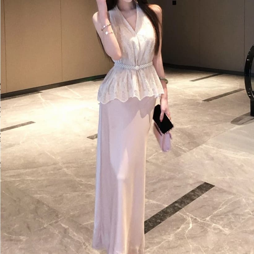 작은 Connaught 나는 프랑스식 행침 목 조끼 V넥 민소매 맨위 광택 인어 꼬리 길다 반 스커트 세트 265382 이미지 5