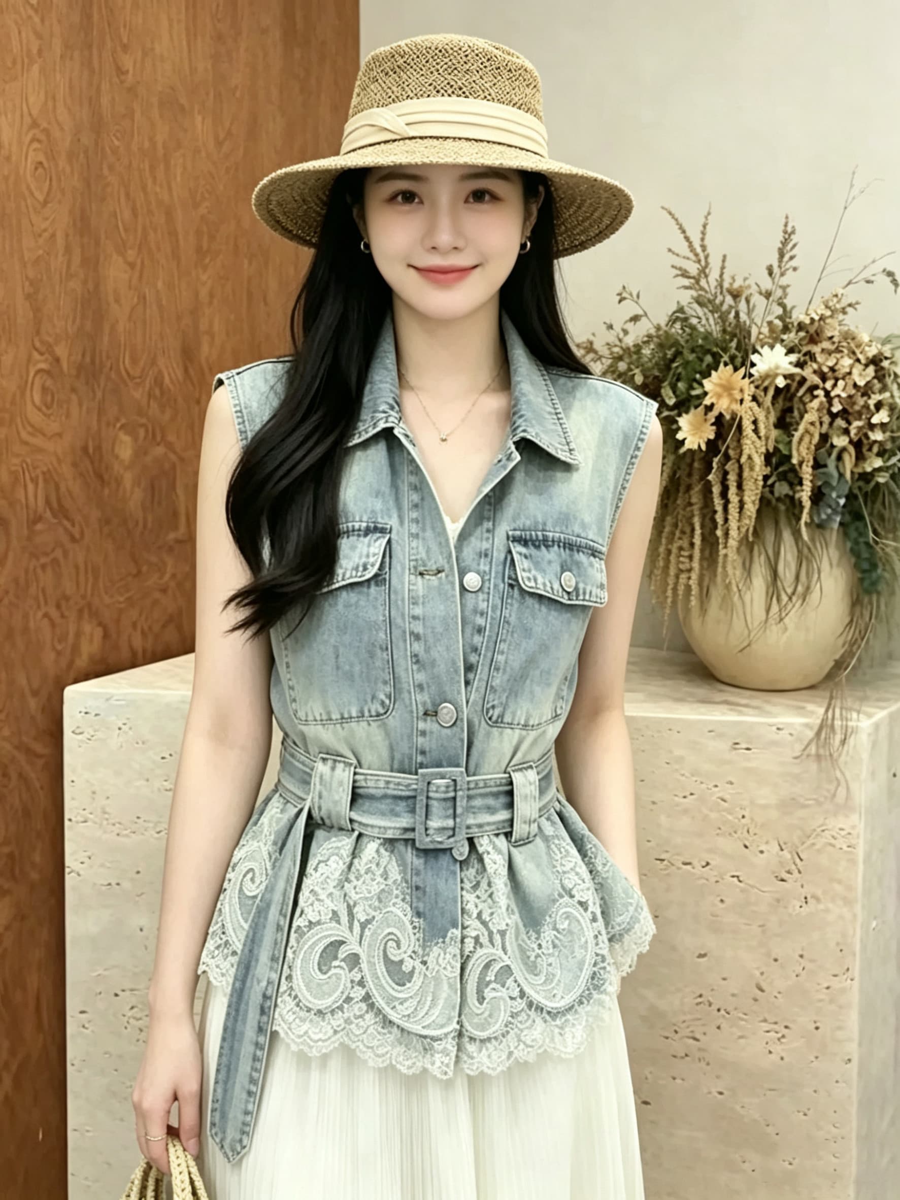 여름 데님 레이스 조각 베스트 조끼 반신 스커트 두 조각 여성 세트 허리 수축 슬림해 보이는 세트 2026 새로운 트렌디 상세 이미지 4