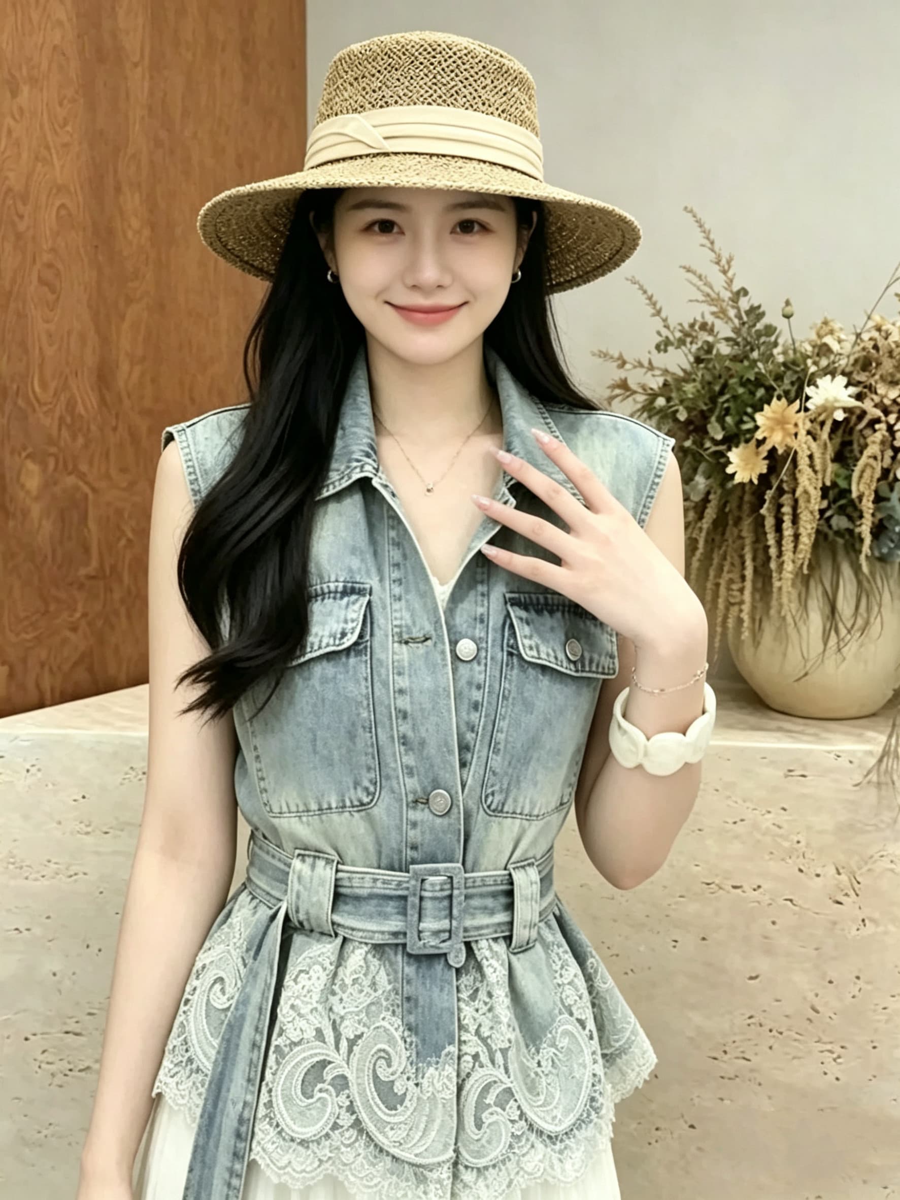 여름 데님 레이스 조각 베스트 조끼 반신 스커트 두 조각 여성 세트 허리 수축 슬림해 보이는 세트 2026 새로운 트렌디 상세 이미지 5