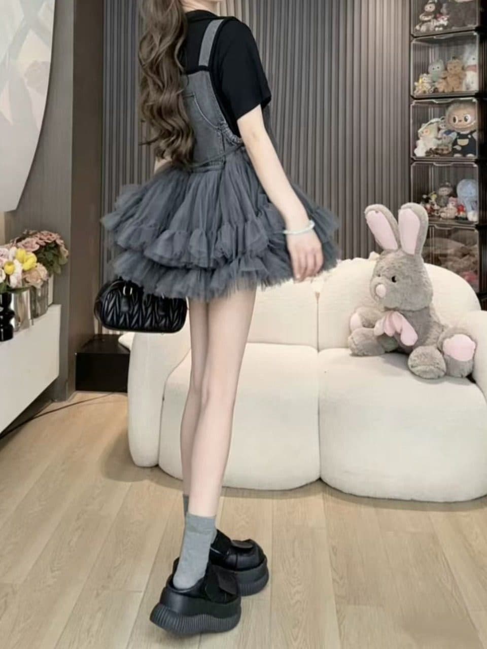 고유 한 아름다운 나비 매듭 데님 멜빵 스커트 여성 여름 분위기 센스 외국 가스 연령 감소 장난기 넘치는 소녀 퍼프 짧은 치마 상세 이미지 4