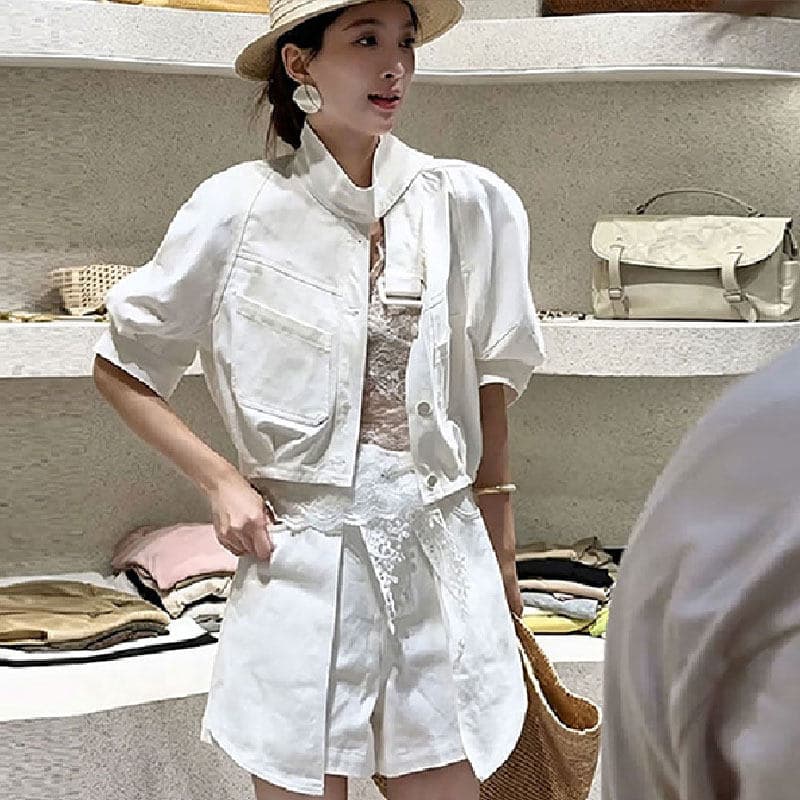 유럽 상품 빅 사이즈 캐주얼 워크웨어 데님 세트 여성 2026 새로운 반팔 셔츠 외부 와이드 레그 팬츠 치마 투피스 세트 이미지 5