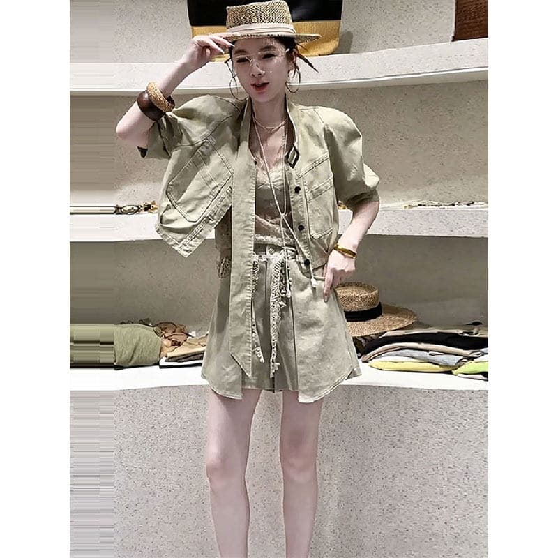 유럽 상품 빅 사이즈 캐주얼 워크웨어 데님 세트 여성 2026 새로운 반팔 셔츠 외부 와이드 레그 팬츠 치마 투피스 세트 이미지 2