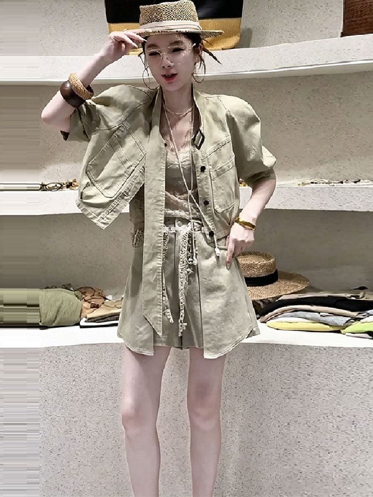 유럽 상품 빅 사이즈 캐주얼 워크웨어 데님 세트 여성 2026 새로운 반팔 셔츠 외부 와이드 레그 팬츠 치마 투피스 세트 상세 이미지 1