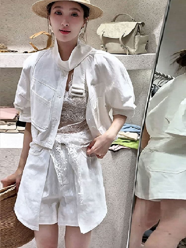 유럽 상품 빅 사이즈 캐주얼 워크웨어 데님 세트 여성 2026 새로운 반팔 셔츠 외부 와이드 레그 팬츠 치마 투피스 세트 상세 이미지 3