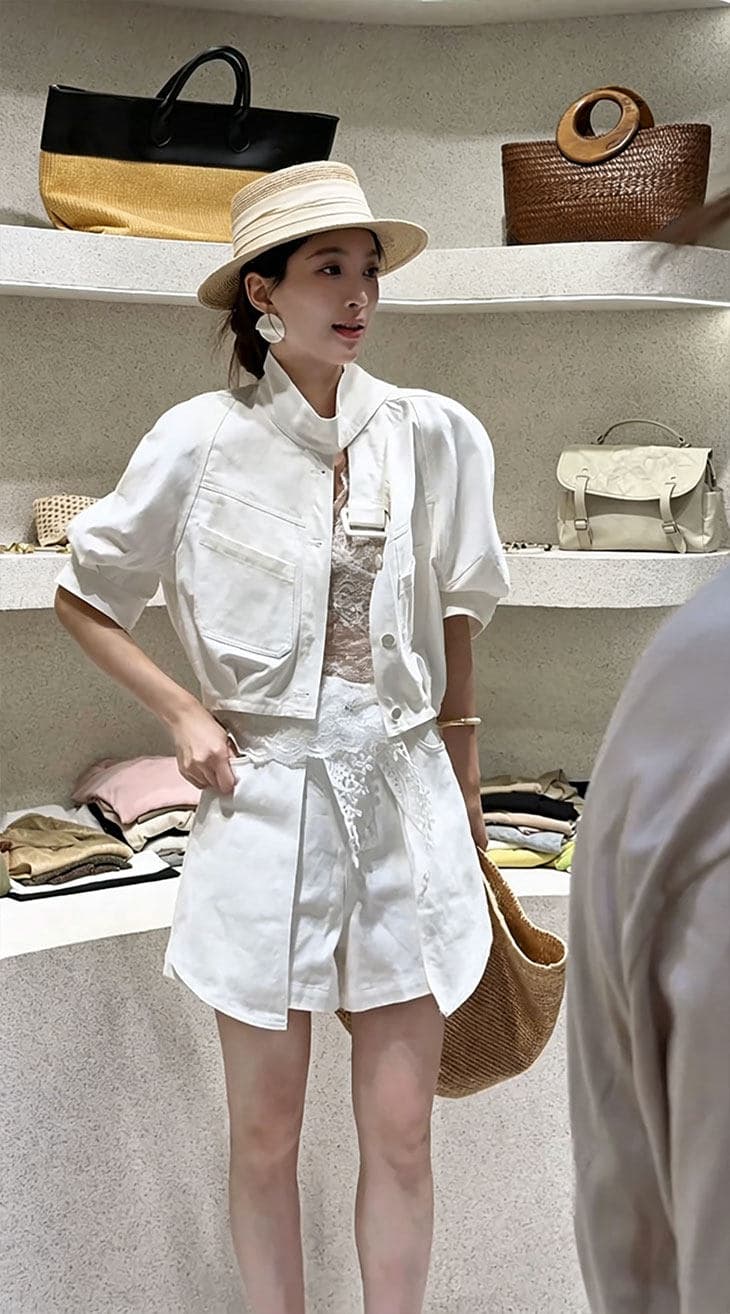유럽 상품 빅 사이즈 캐주얼 워크웨어 데님 세트 여성 2026 새로운 반팔 셔츠 외부 와이드 레그 팬츠 치마 투피스 세트 상세 이미지 6