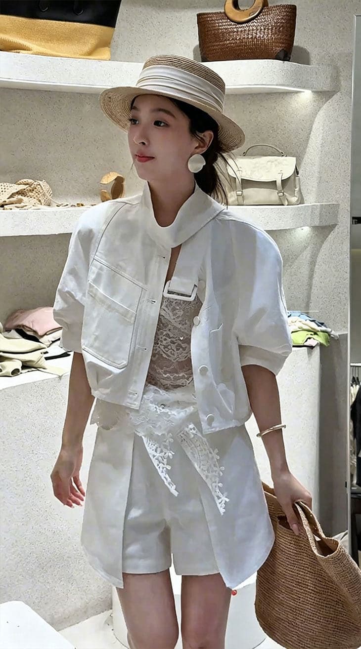 유럽 상품 빅 사이즈 캐주얼 워크웨어 데님 세트 여성 2026 새로운 반팔 셔츠 외부 와이드 레그 팬츠 치마 투피스 세트 상세 이미지 7