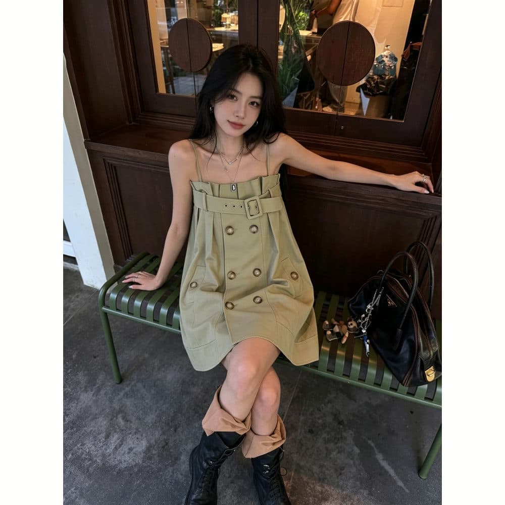 레트로 순수한 욕망 바람 카키 색 바람막이 센스 슬립 여성 드레스 여름 새로운 작은 키 루즈핏 슬림해 보이는 미니 스커트 상세 이미지 2