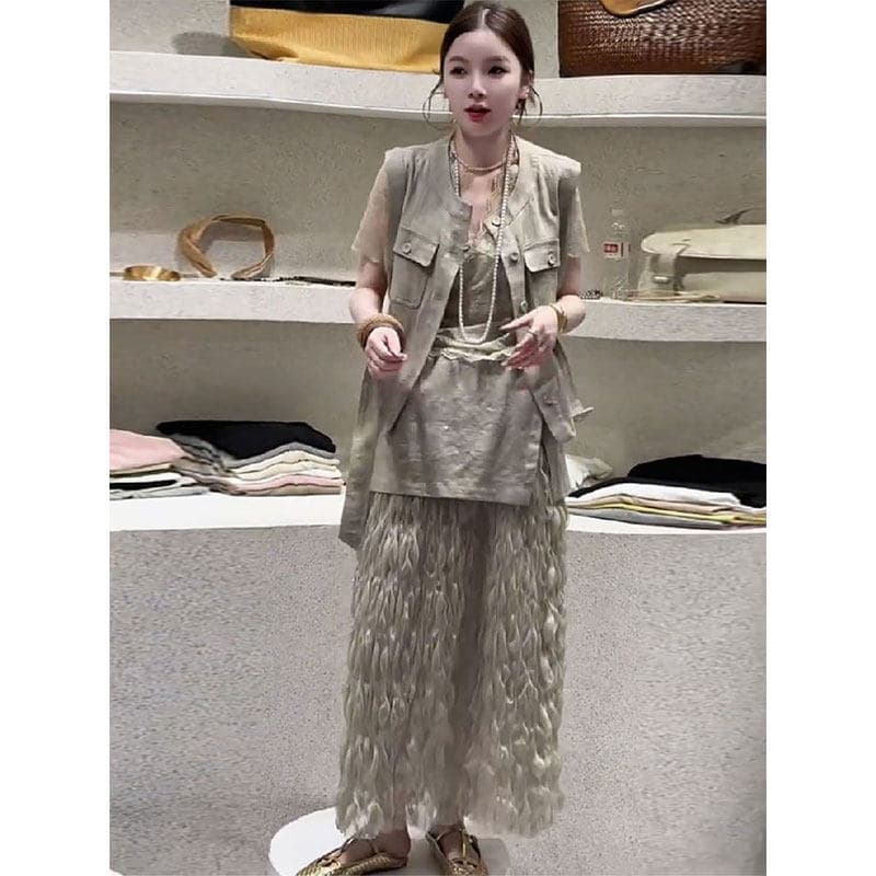 복잡한 고대 돈 바람 아마 베스트 세트 여성 2026 새로운 허리 수축 쇼트 스타일 조끼 패치워크 망사 치마 3종 세트 이미지 4