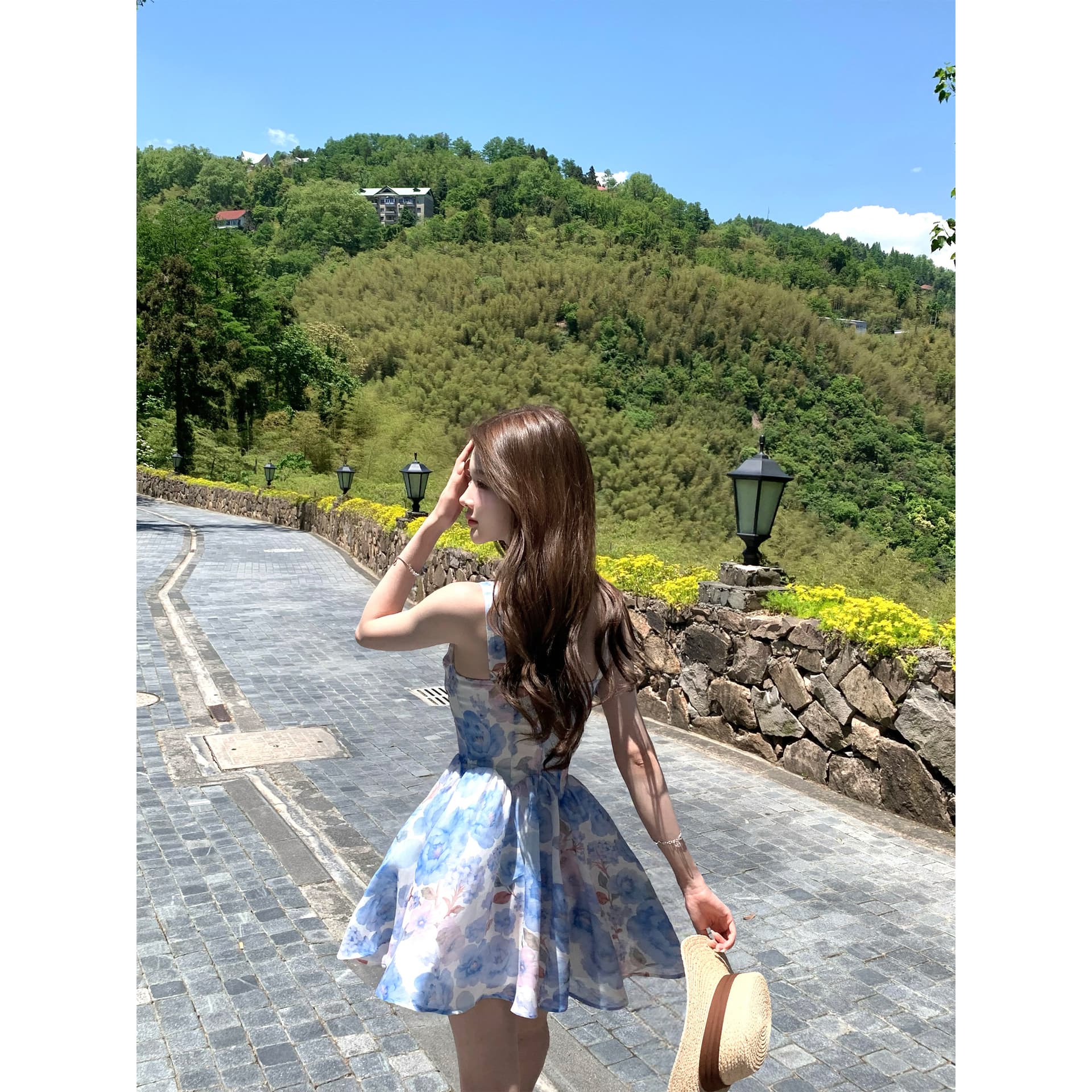 q 여자 집 신제품 9 접기 하늘빛 유토피아 슬립 톰 글 래 원인 블루 꽃무늬 몸매 가꾸기 휴가 드레스 이미지 3