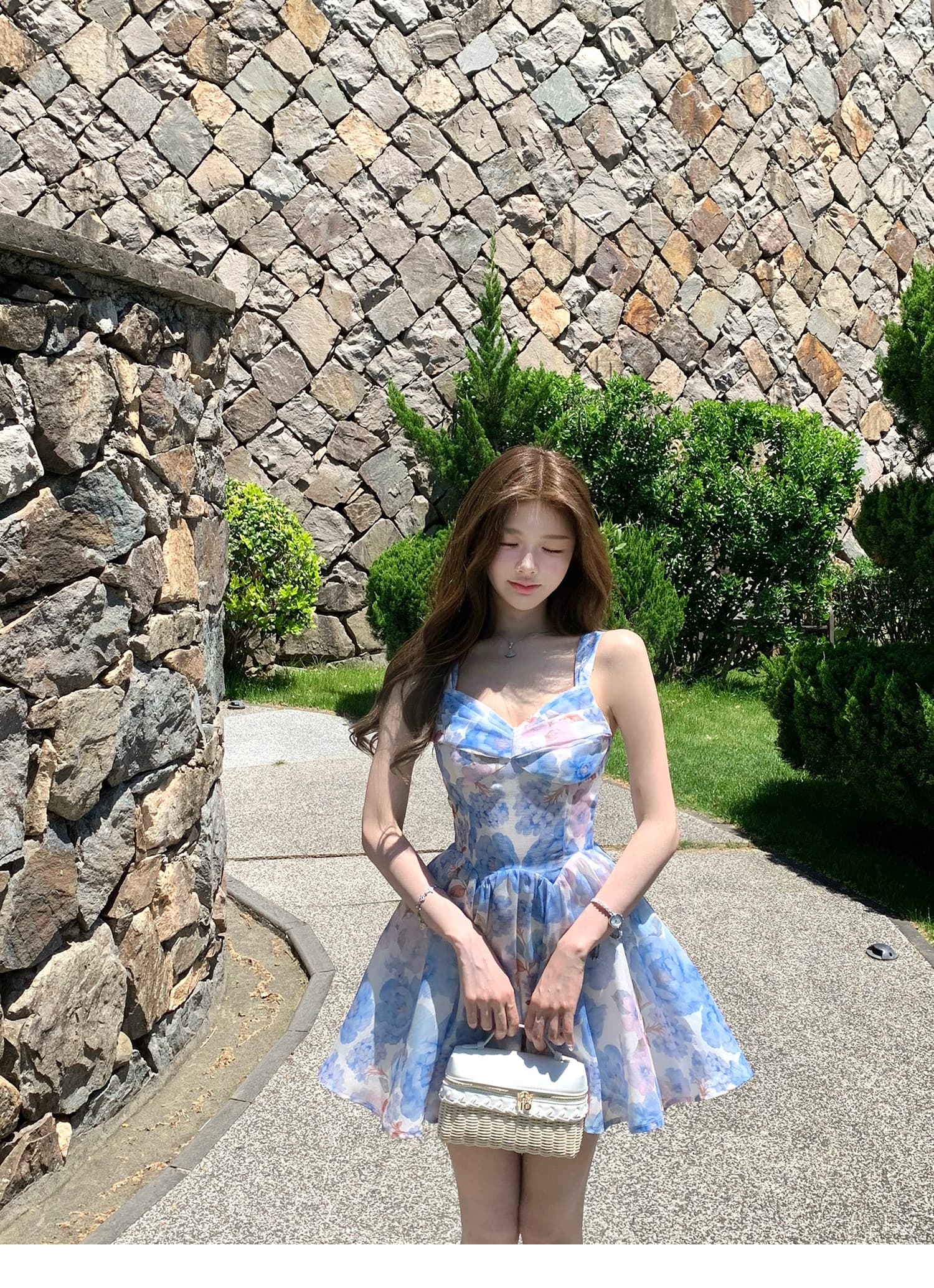 q 여자 집 신제품 9 접기 하늘빛 유토피아 슬립 톰 글 래 원인 블루 꽃무늬 몸매 가꾸기 휴가 드레스 상세 이미지 1
