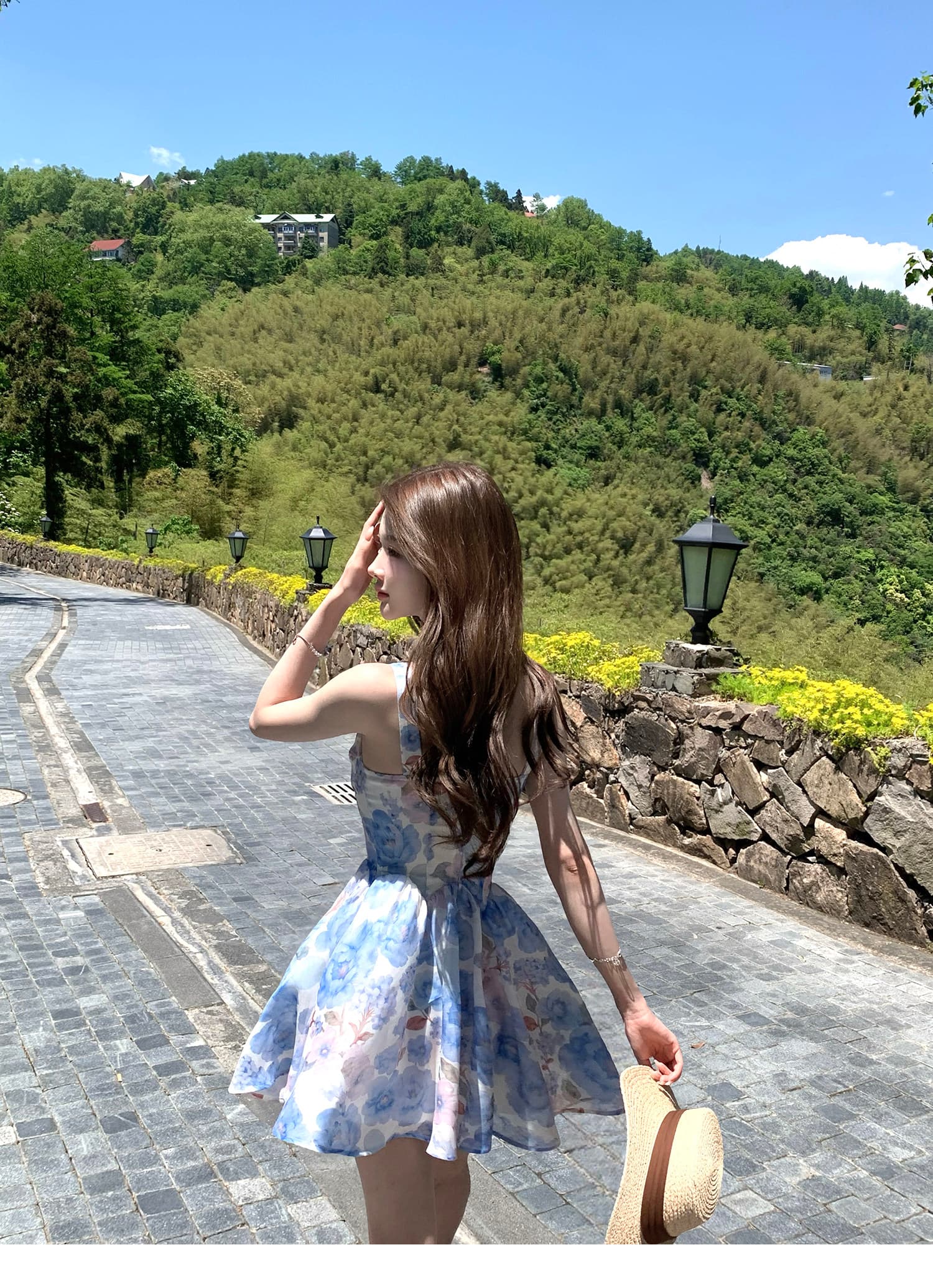q 여자 집 신제품 9 접기 하늘빛 유토피아 슬립 톰 글 래 원인 블루 꽃무늬 몸매 가꾸기 휴가 드레스 상세 이미지 2