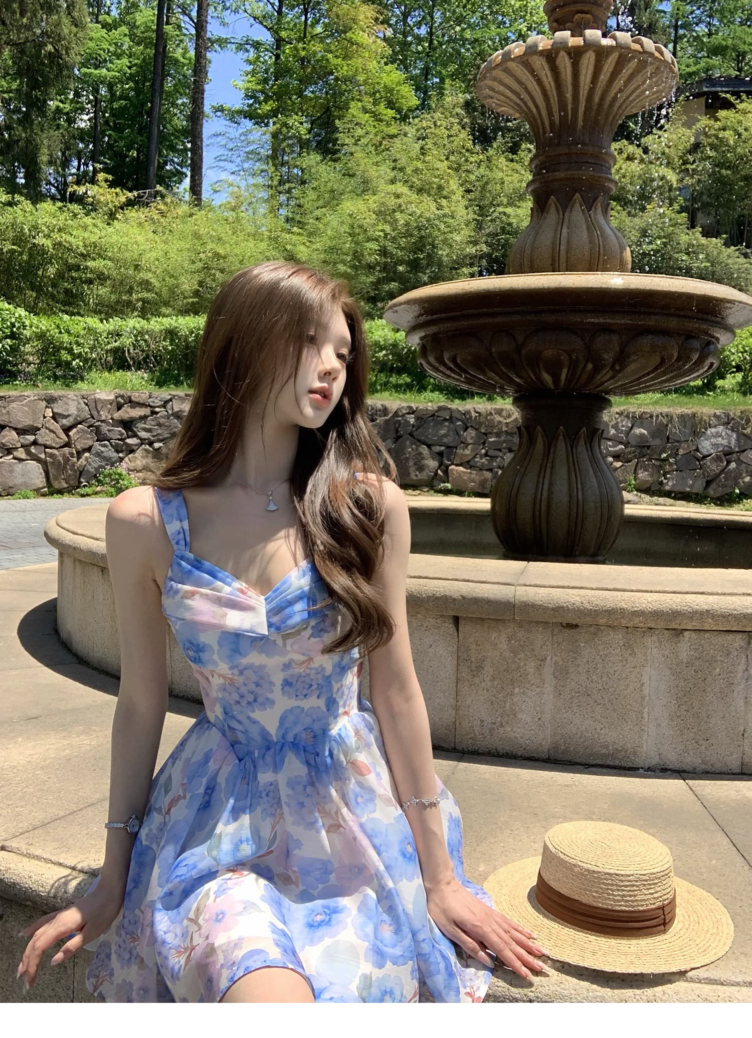 q 여자 집 신제품 9 접기 하늘빛 유토피아 슬립 톰 글 래 원인 블루 꽃무늬 몸매 가꾸기 휴가 드레스 상세 이미지 3