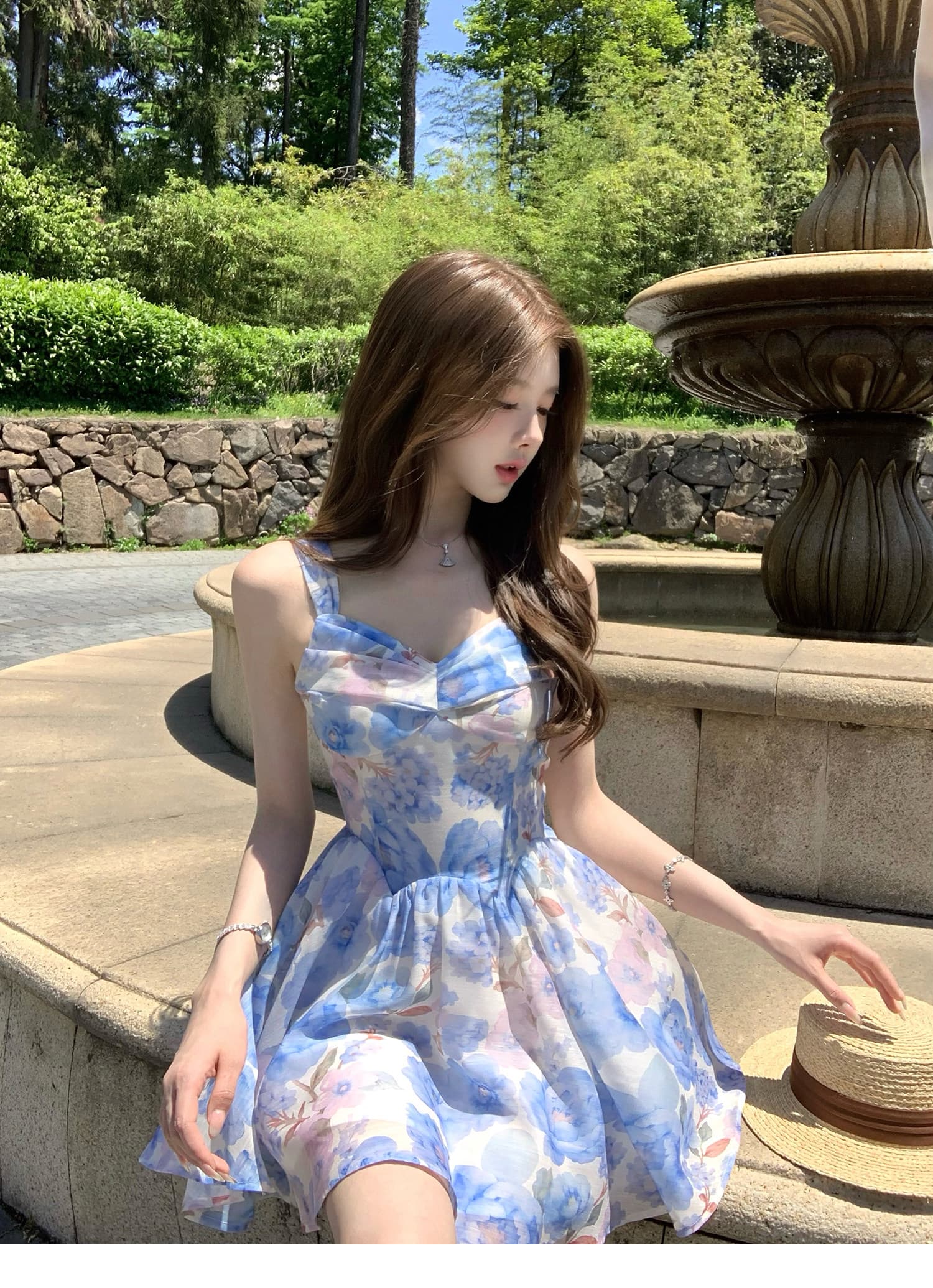 q 여자 집 신제품 9 접기 하늘빛 유토피아 슬립 톰 글 래 원인 블루 꽃무늬 몸매 가꾸기 휴가 드레스 상세 이미지 4