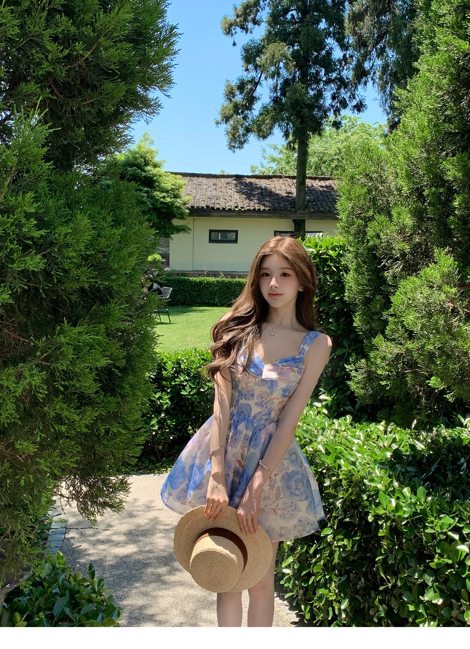 q 여자 집 신제품 9 접기 하늘빛 유토피아 슬립 톰 글 래 원인 블루 꽃무늬 몸매 가꾸기 휴가 드레스 상세 이미지 5