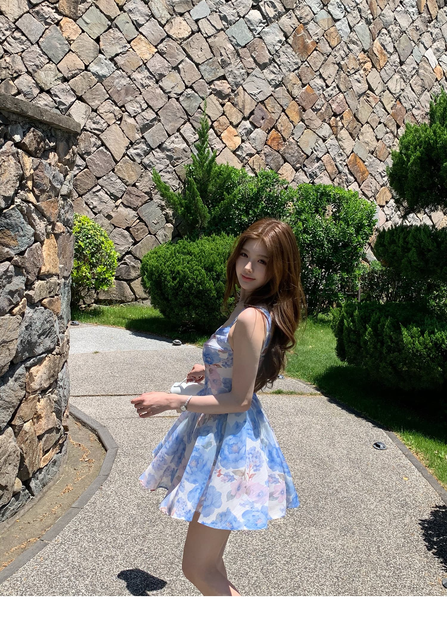 q 여자 집 신제품 9 접기 하늘빛 유토피아 슬립 톰 글 래 원인 블루 꽃무늬 몸매 가꾸기 휴가 드레스 상세 이미지 11