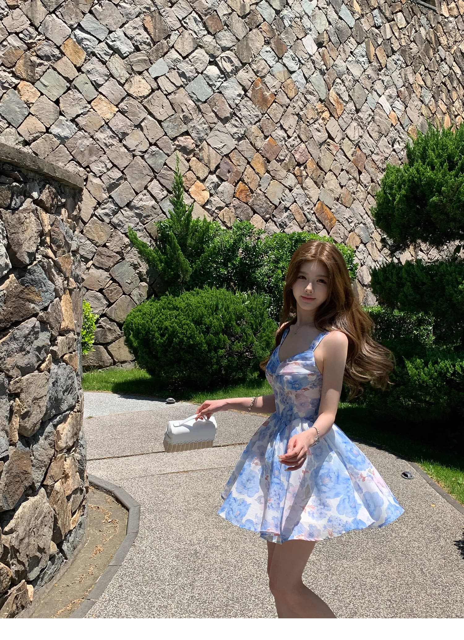 q 여자 집 신제품 9 접기 하늘빛 유토피아 슬립 톰 글 래 원인 블루 꽃무늬 몸매 가꾸기 휴가 드레스 상세 이미지 17