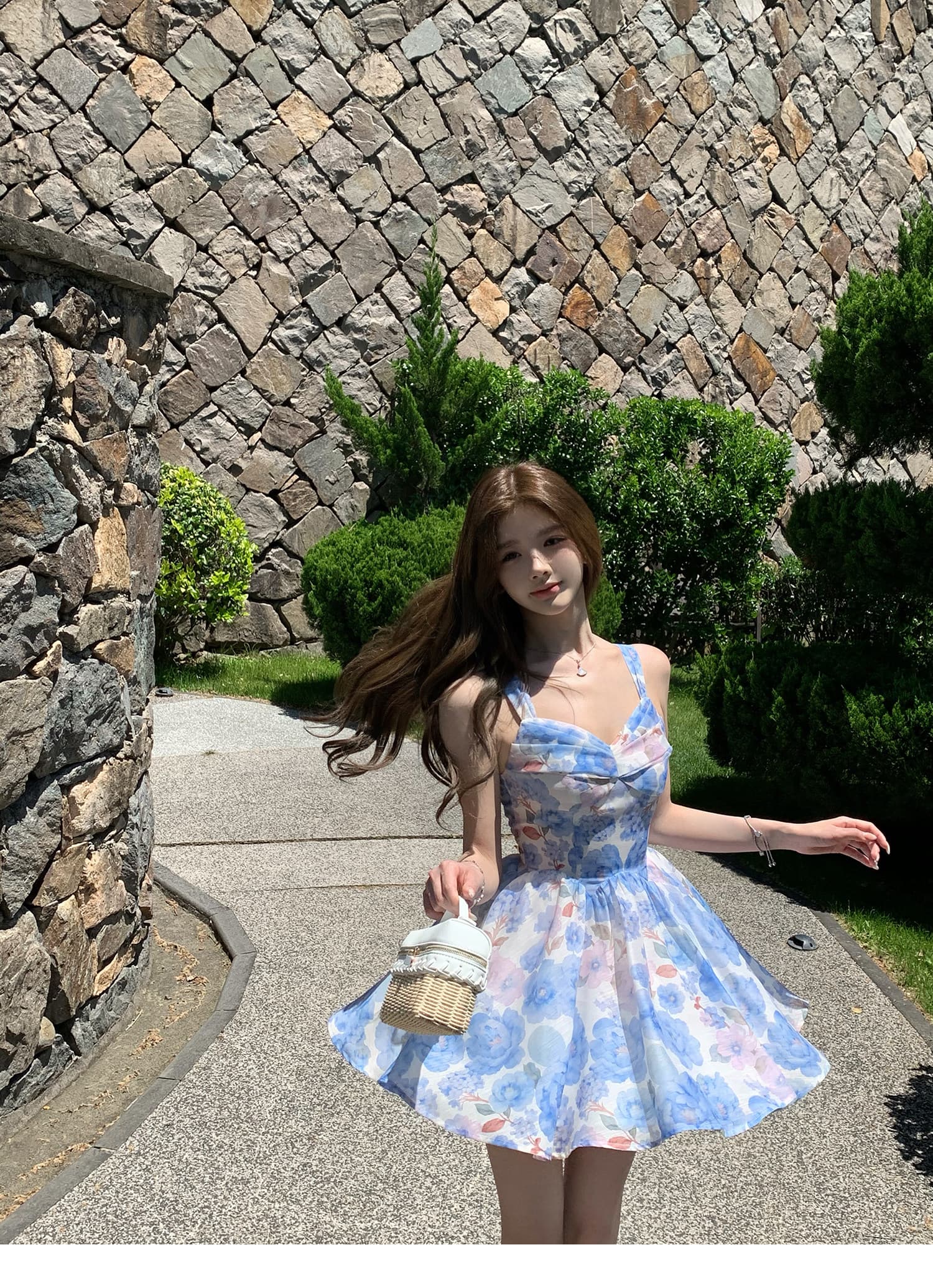 q 여자 집 신제품 9 접기 하늘빛 유토피아 슬립 톰 글 래 원인 블루 꽃무늬 몸매 가꾸기 휴가 드레스 상세 이미지 19