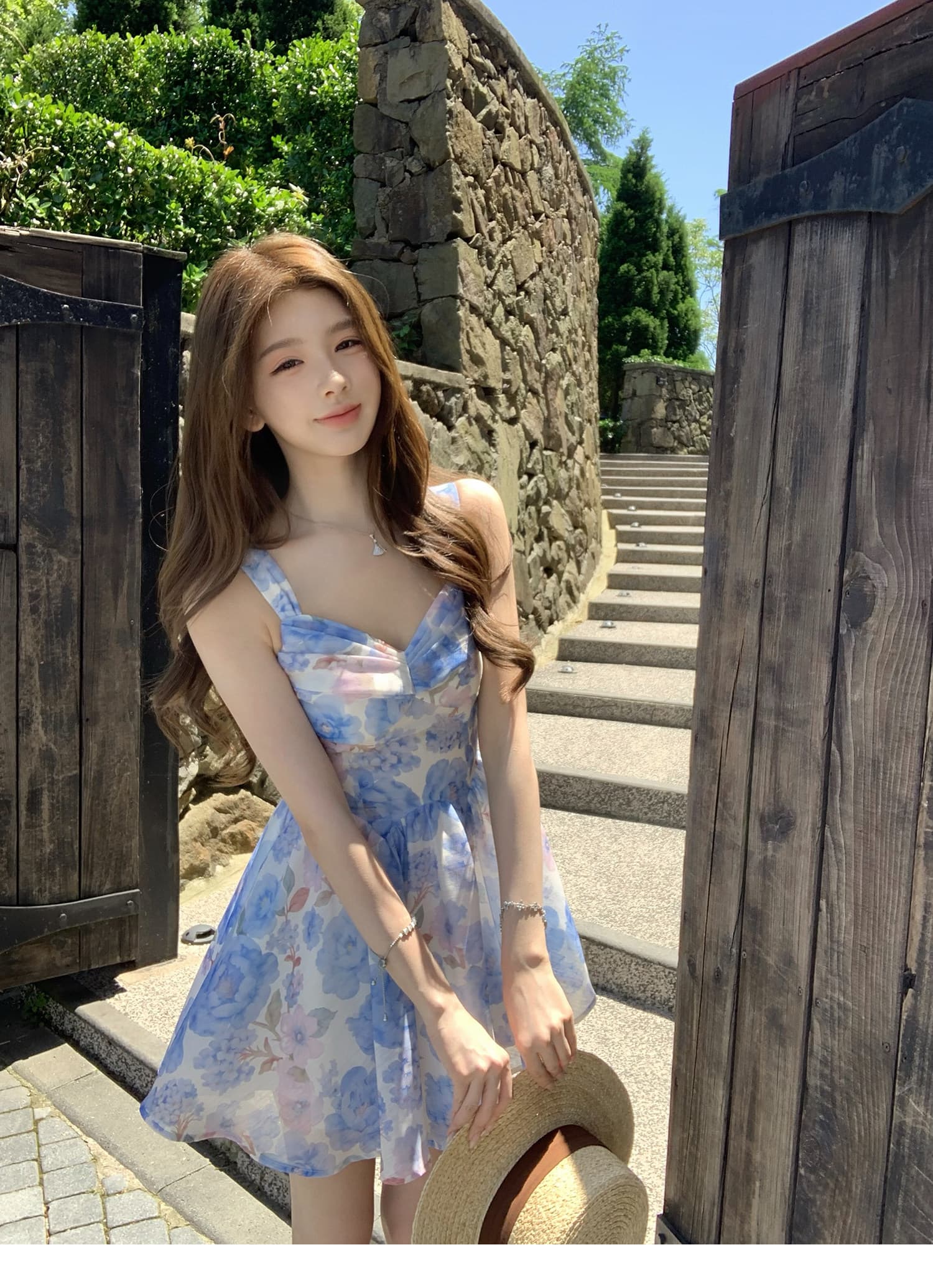 q 여자 집 신제품 9 접기 하늘빛 유토피아 슬립 톰 글 래 원인 블루 꽃무늬 몸매 가꾸기 휴가 드레스 상세 이미지 21
