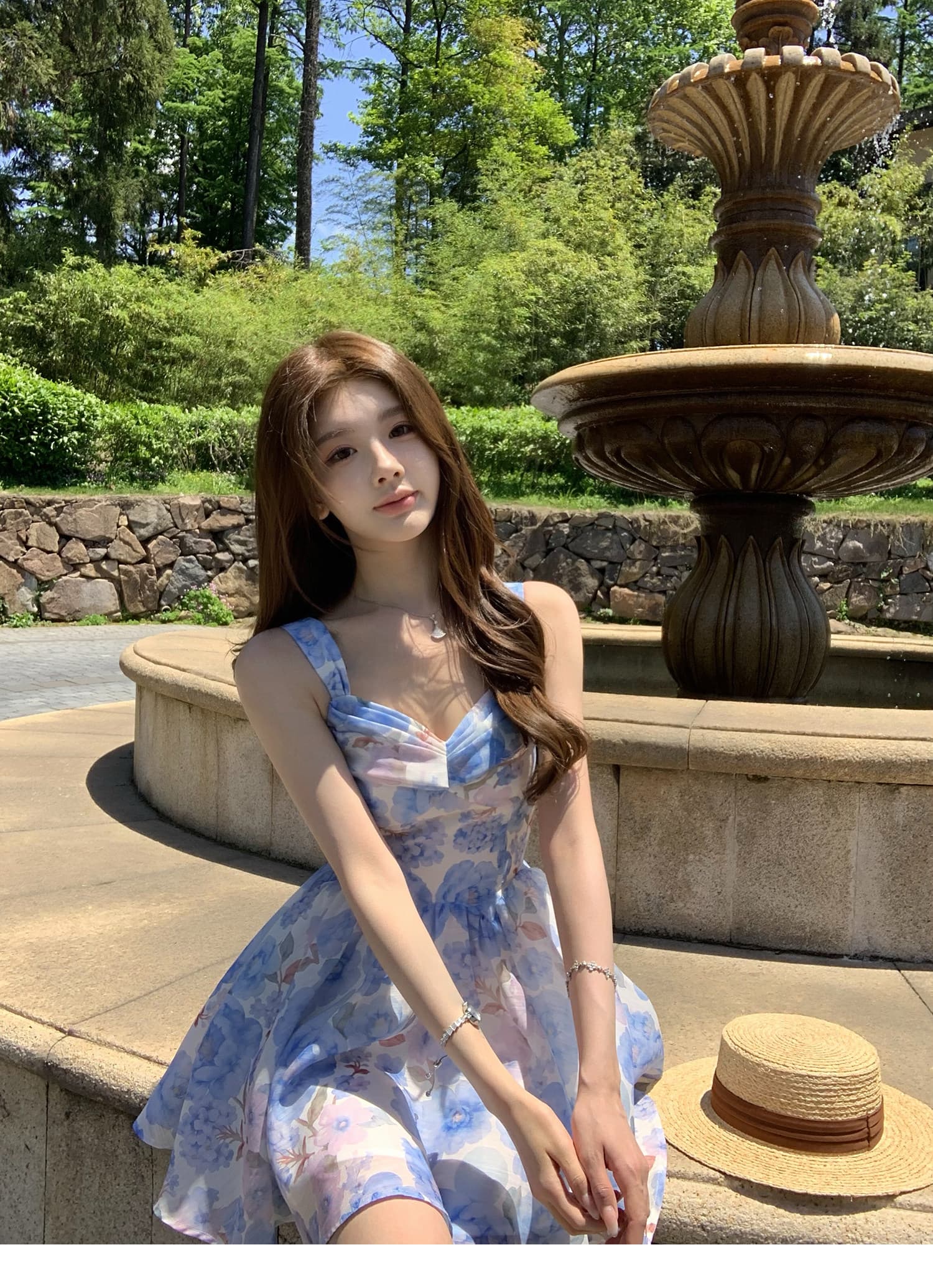 q 여자 집 신제품 9 접기 하늘빛 유토피아 슬립 톰 글 래 원인 블루 꽃무늬 몸매 가꾸기 휴가 드레스 상세 이미지 23
