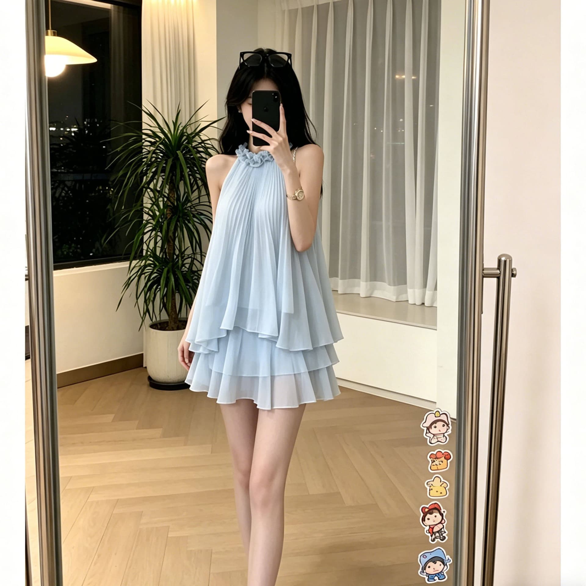 프랑스식 품격 투피스 세트 고급 센스 하늘색 줘 너 쉬폰 세트 행침 목 맨위 롱 코트 반신 스커트 이미지 5