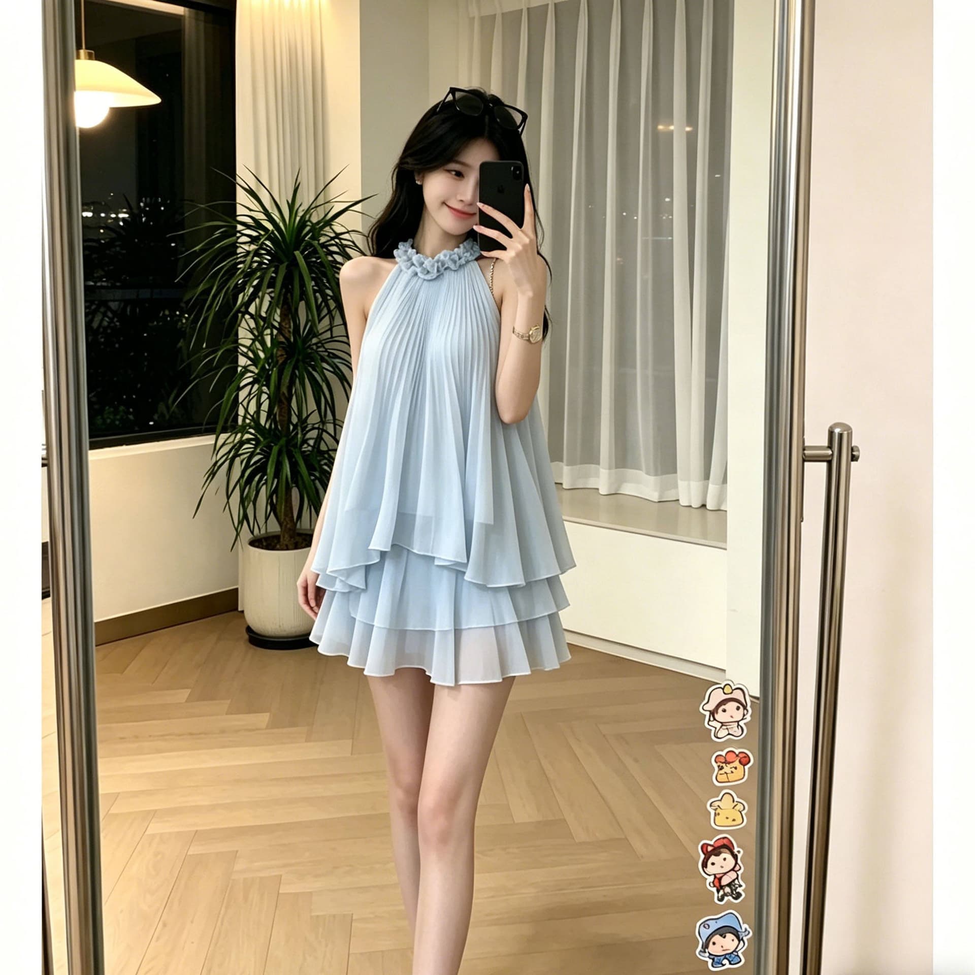프랑스식 품격 투피스 세트 고급 센스 하늘색 줘 너 쉬폰 세트 행침 목 맨위 롱 코트 반신 스커트 이미지 6