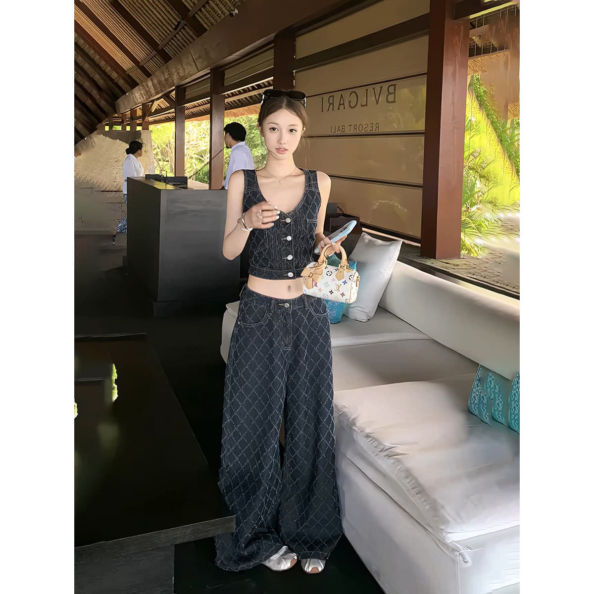 도시 스타일 바람 데님 세트 여성 여름 디자인 센스 링 체크무늬 조끼 와이드 레그 팬츠 투피스 세트 패션 슬림해 보이는 이미지 2