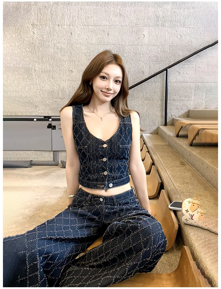 도시 스타일 바람 데님 세트 여성 여름 디자인 센스 링 체크무늬 조끼 와이드 레그 팬츠 투피스 세트 패션 슬림해 보이는 상세 이미지 2